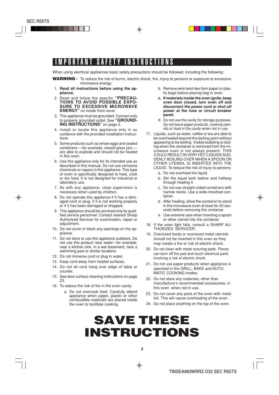 Save these instructions | Sharp R-55TS User Manual | Page 4 / 28