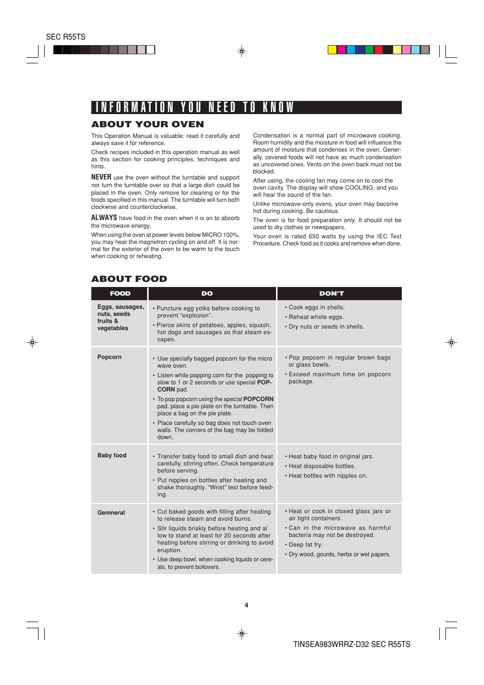 About your oven, About food | Sharp R-55TS User Manual | Page 6 / 28