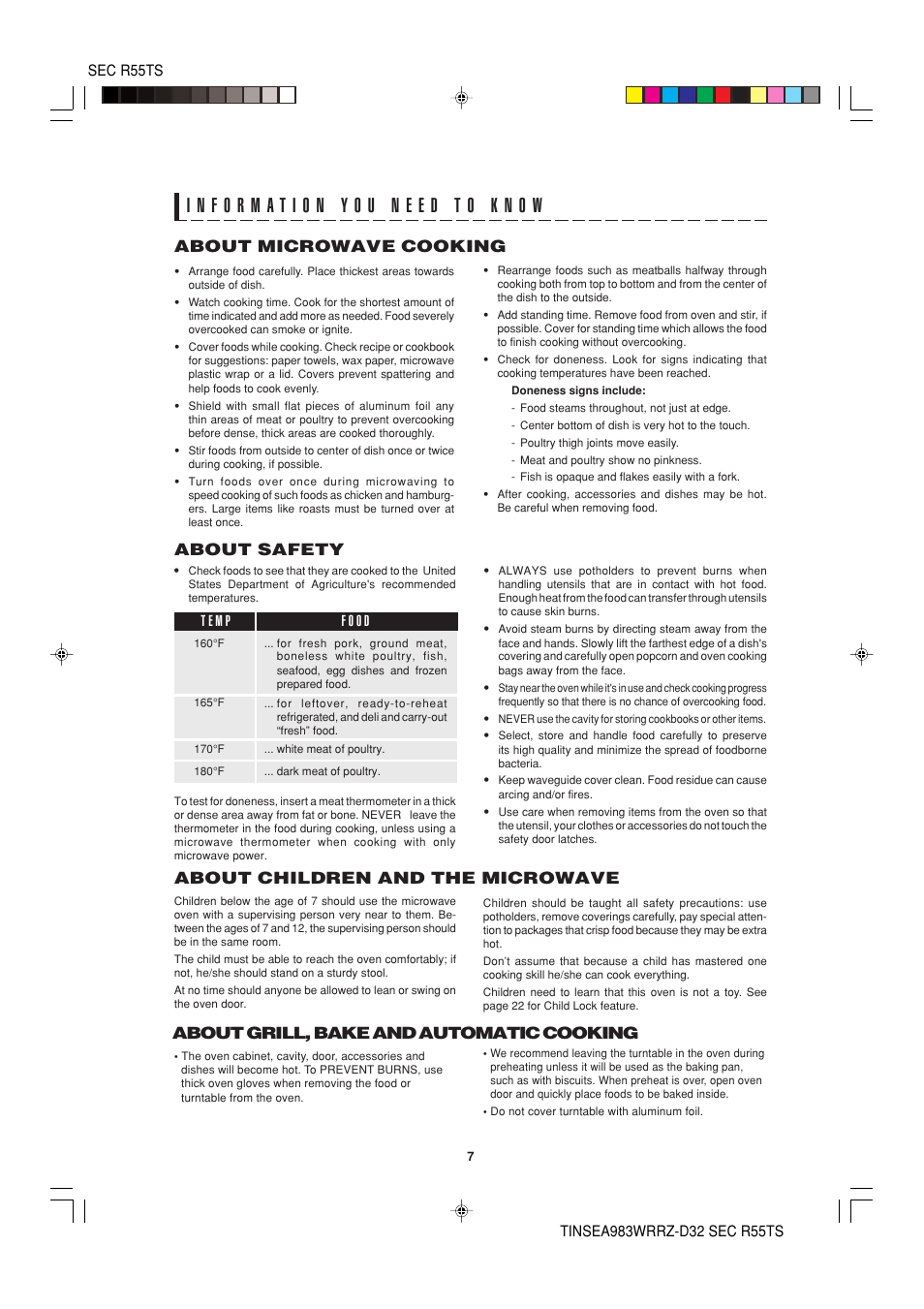 About microwave cooking, About safety, About children and the microwave | About grill, bake and automatic cooking | Sharp R-55TS User Manual | Page 9 / 28