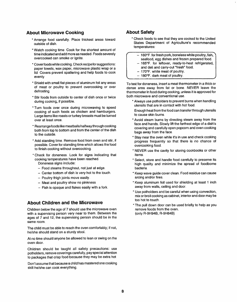 About microwave cooking, About children and the microwave, About safety | Sharp R-9H84B User Manual | Page 10 / 28