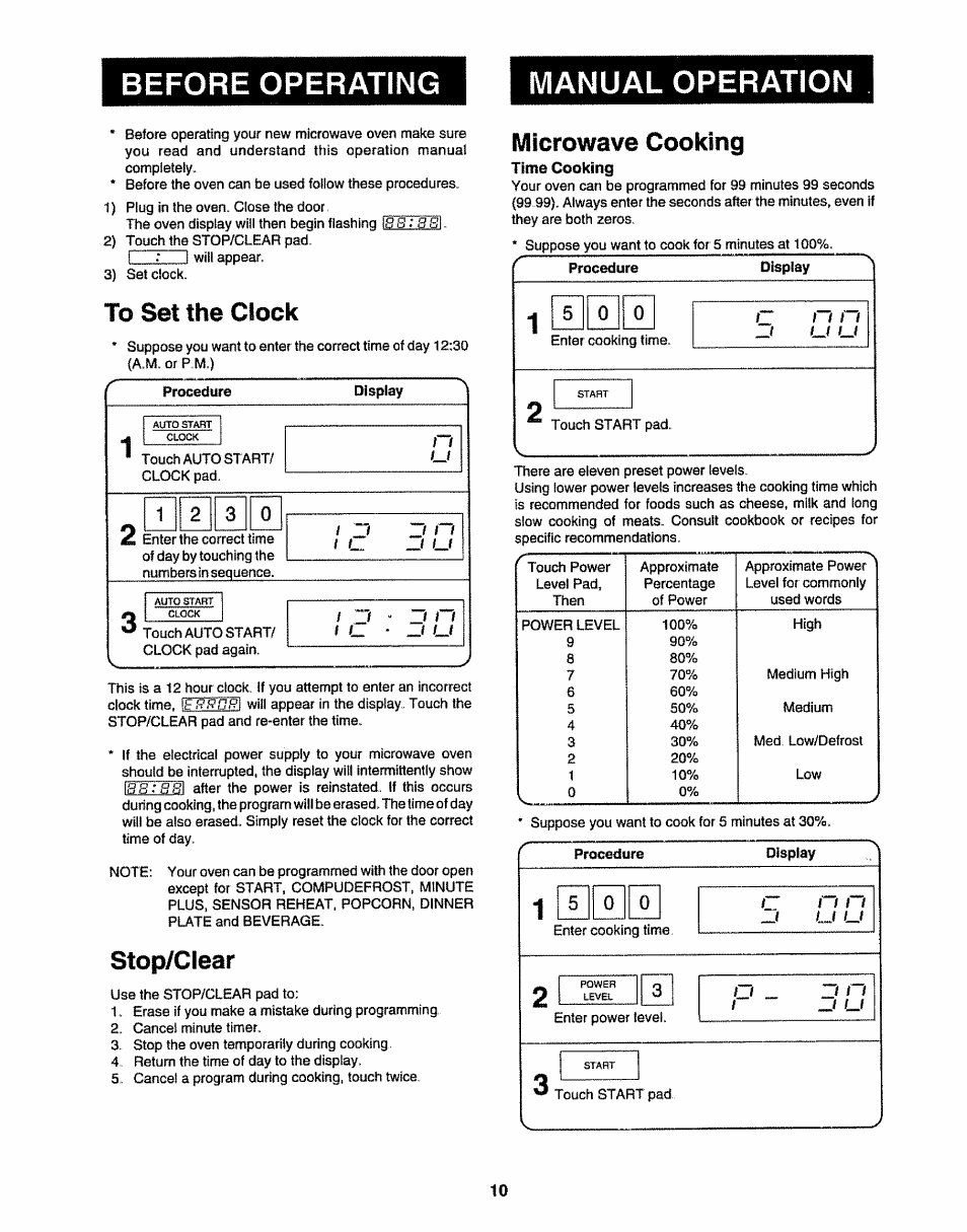 Microwave cooking, Stop/clear, Before operating manual operation | Sharp R-9H84B User Manual | Page 12 / 28