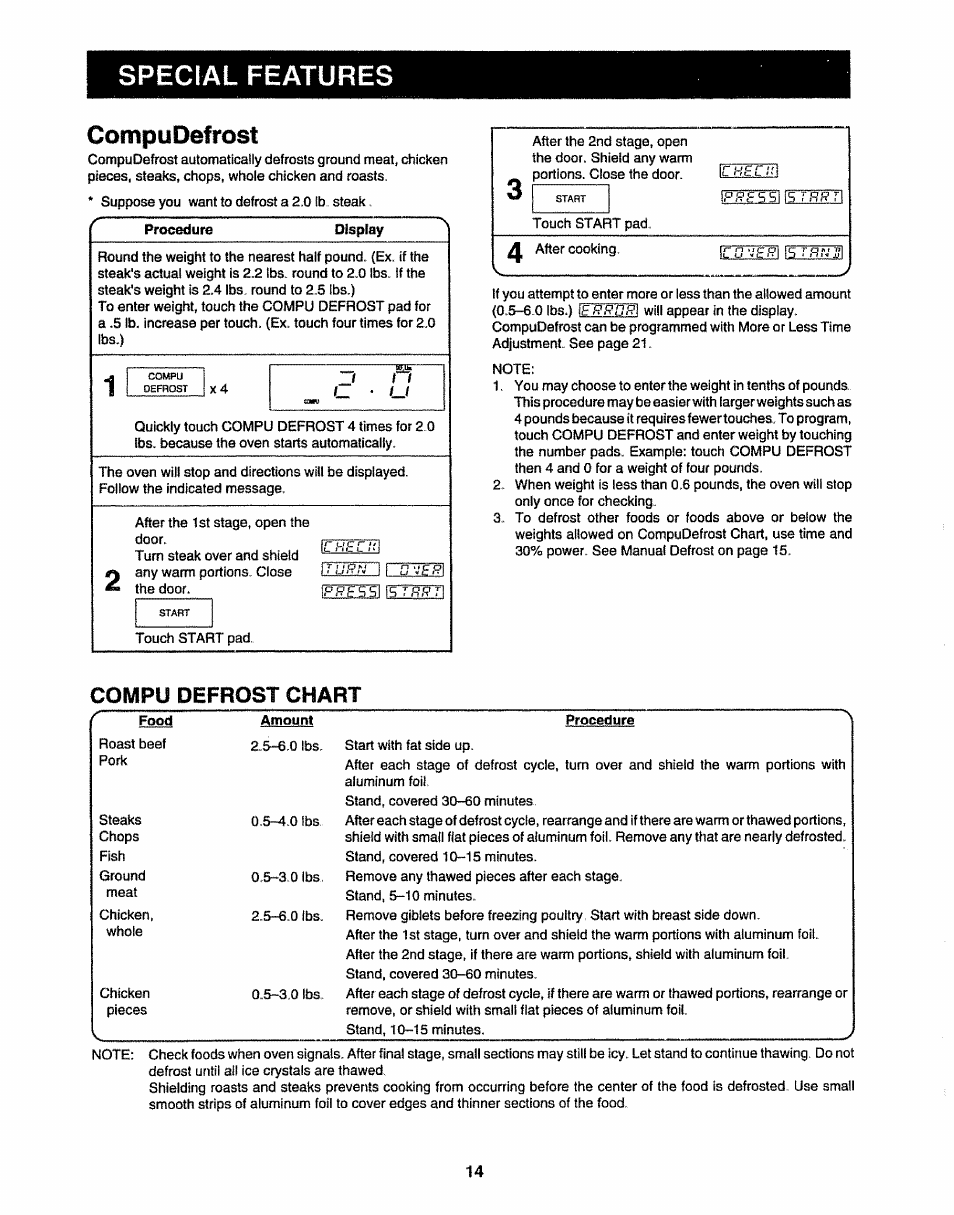 Compudefrost, Special features, Eses3e | Compu defrost chart | Sharp R-9H84B User Manual | Page 16 / 28