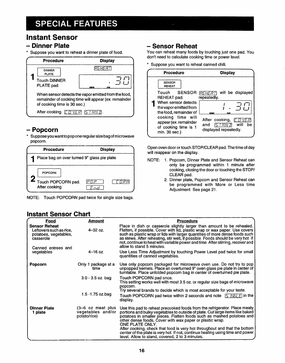 Instant sensor, Special features, Dinner plate | Popcorn, Sensor reheat, Instant sensor chart | Sharp R-9H84B User Manual | Page 18 / 28