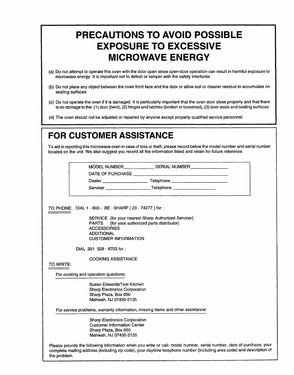 Precautions to avoid possible, For customer assistance, Mii^rnwawi | Sharp R-9H84B User Manual | Page 2 / 28