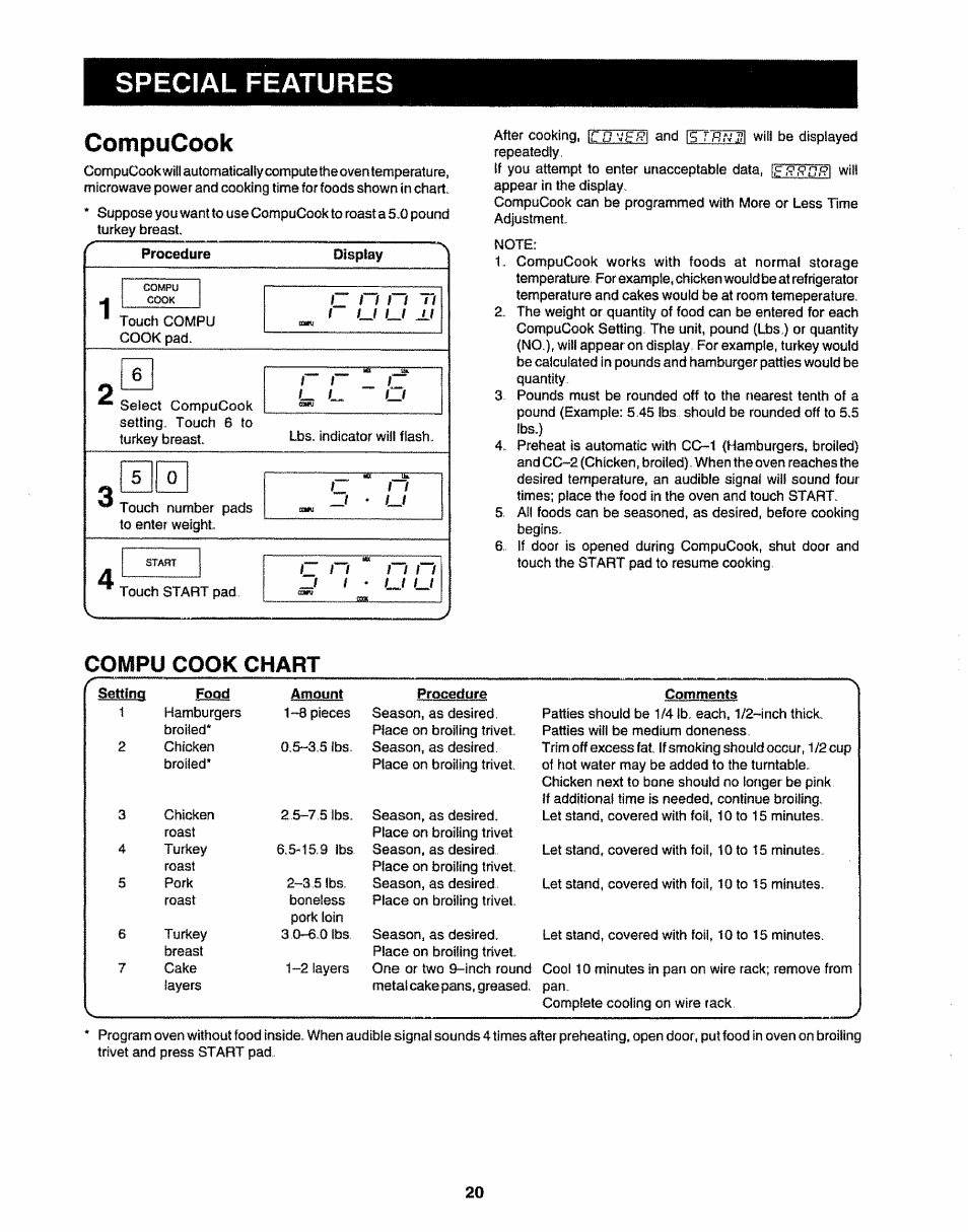 Compucook, Special features, Compu cook chart | Sharp R-9H84B User Manual | Page 22 / 28