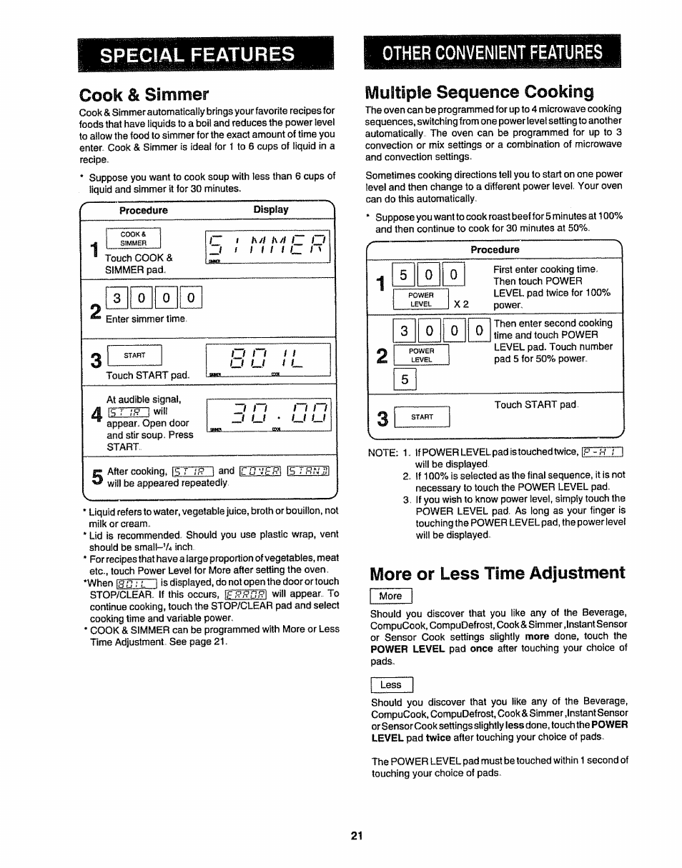 Multiple sequence cooking, More or less time adjustment, Special features | Cook & simmer, Multiple, Sequence cooking, Other convenient features | Sharp R-9H84B User Manual | Page 23 / 28