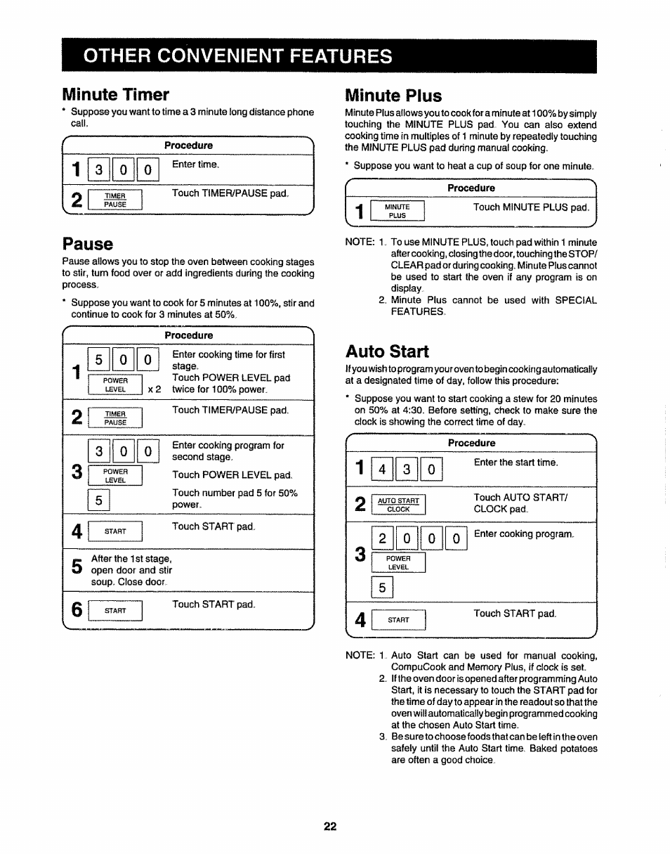 Other convenient features, Minute plus, Pause | Auto start, Minute timer | Sharp R-9H84B User Manual | Page 24 / 28