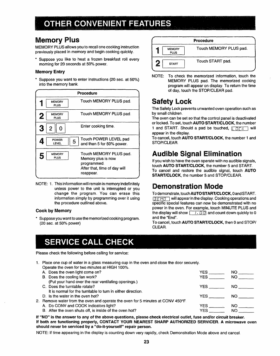 Other convenient, Memory plus, Safety lock | Audible signal elimination, Demonstration mode | Sharp R-9H84B User Manual | Page 25 / 28