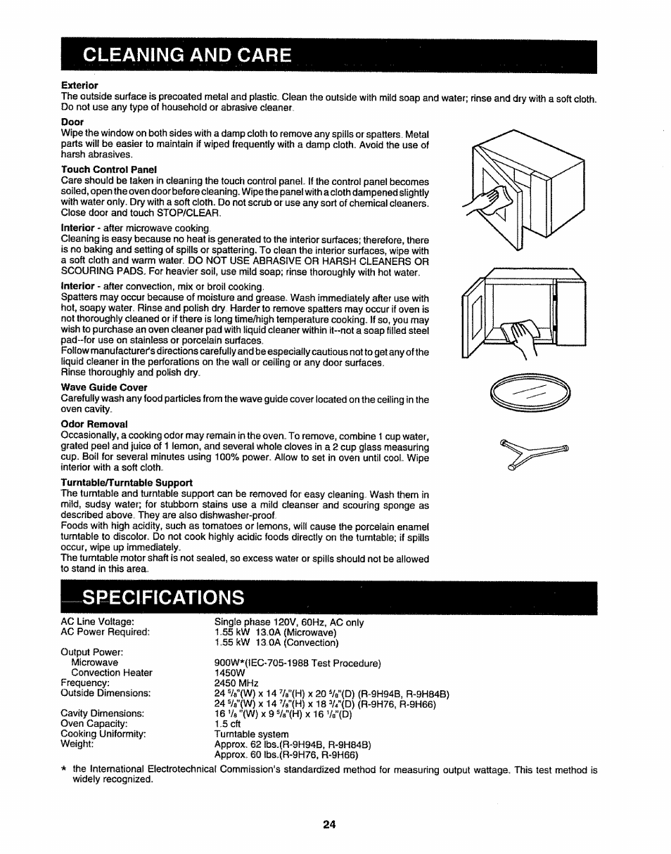 Cleaning and care, Specifications | Sharp R-9H84B User Manual | Page 26 / 28