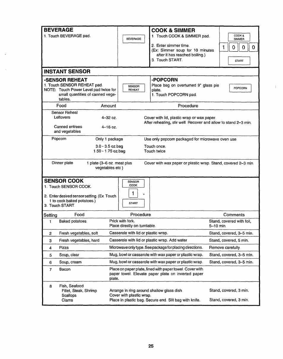 Beverage, Instant sensor, Cook & simmer | Sensor cook | Sharp R-9H84B User Manual | Page 27 / 28