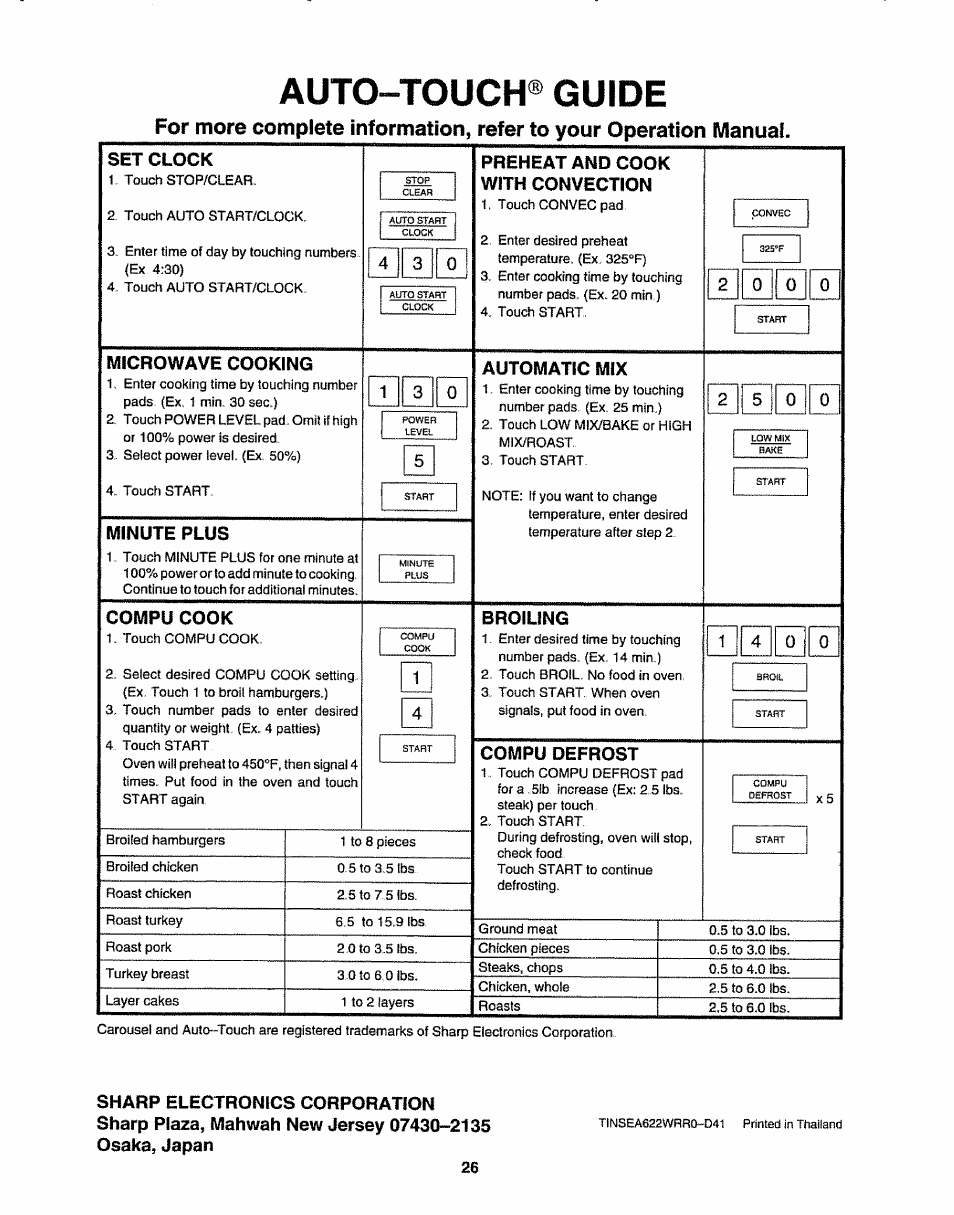Auto-touch® guide, Set clock, Preheat and cook with convection | Microwave cooking, Minute plus, Automatic mix, Compu cook, Broiling, Compu defrost, To preheat and then cook with convection | Sharp R-9H84B User Manual | Page 28 / 28