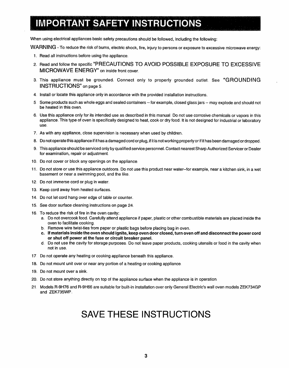 Important safety instructions, Save these instructions | Sharp R-9H84B User Manual | Page 5 / 28