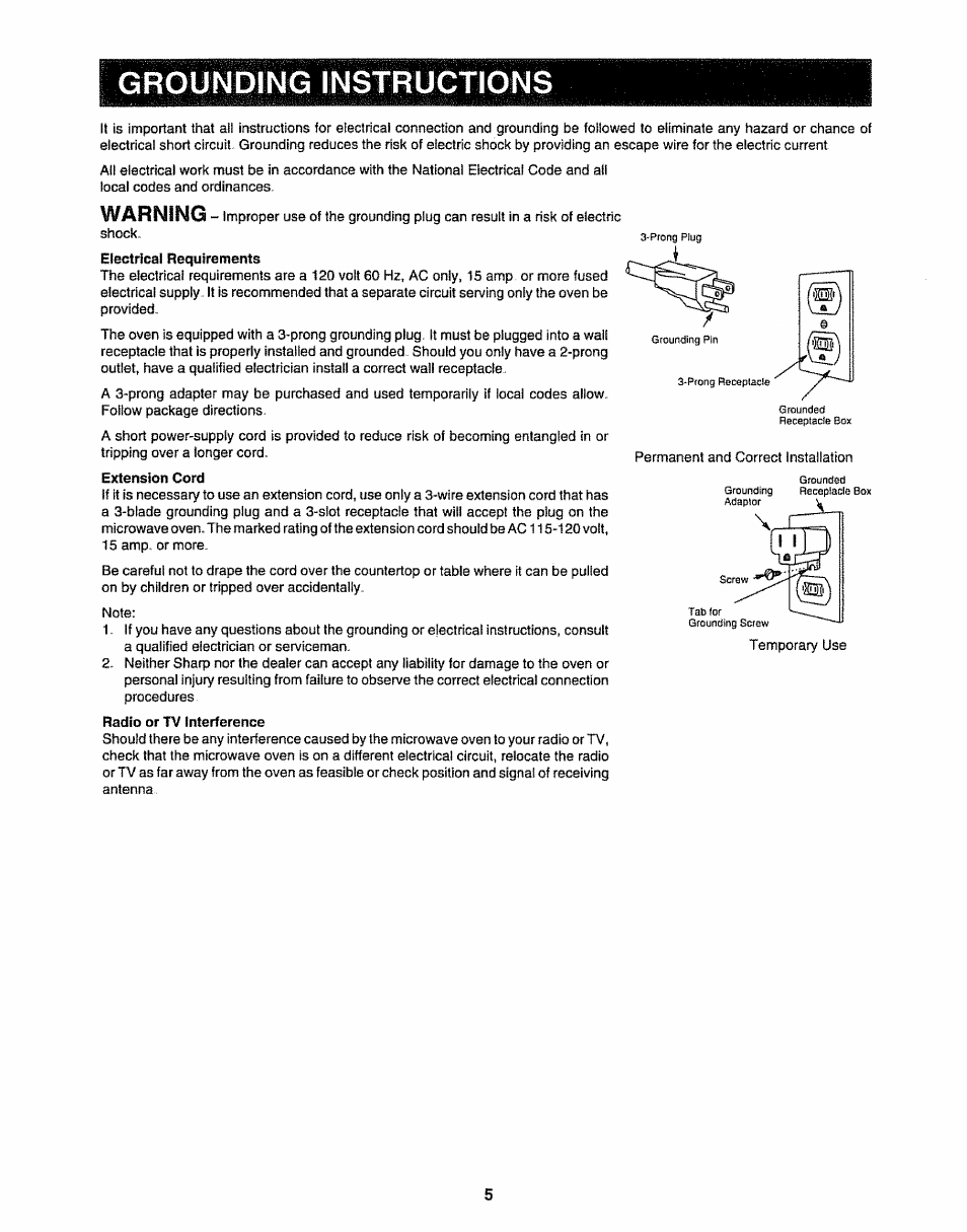 Grounding instructions, Warning | Sharp R-9H84B User Manual | Page 7 / 28