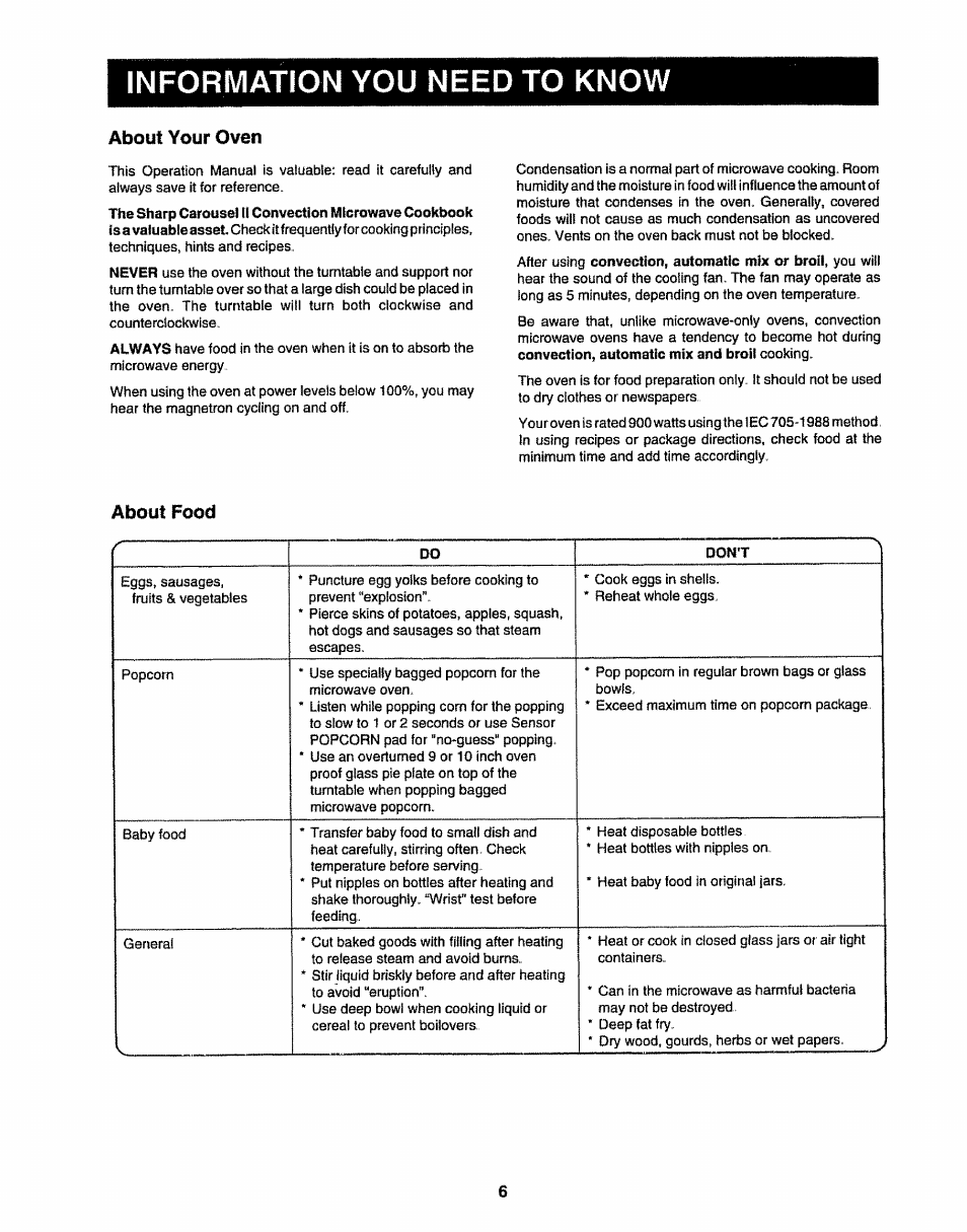 Information you need to know, About your oven, About food | Sharp R-9H84B User Manual | Page 8 / 28