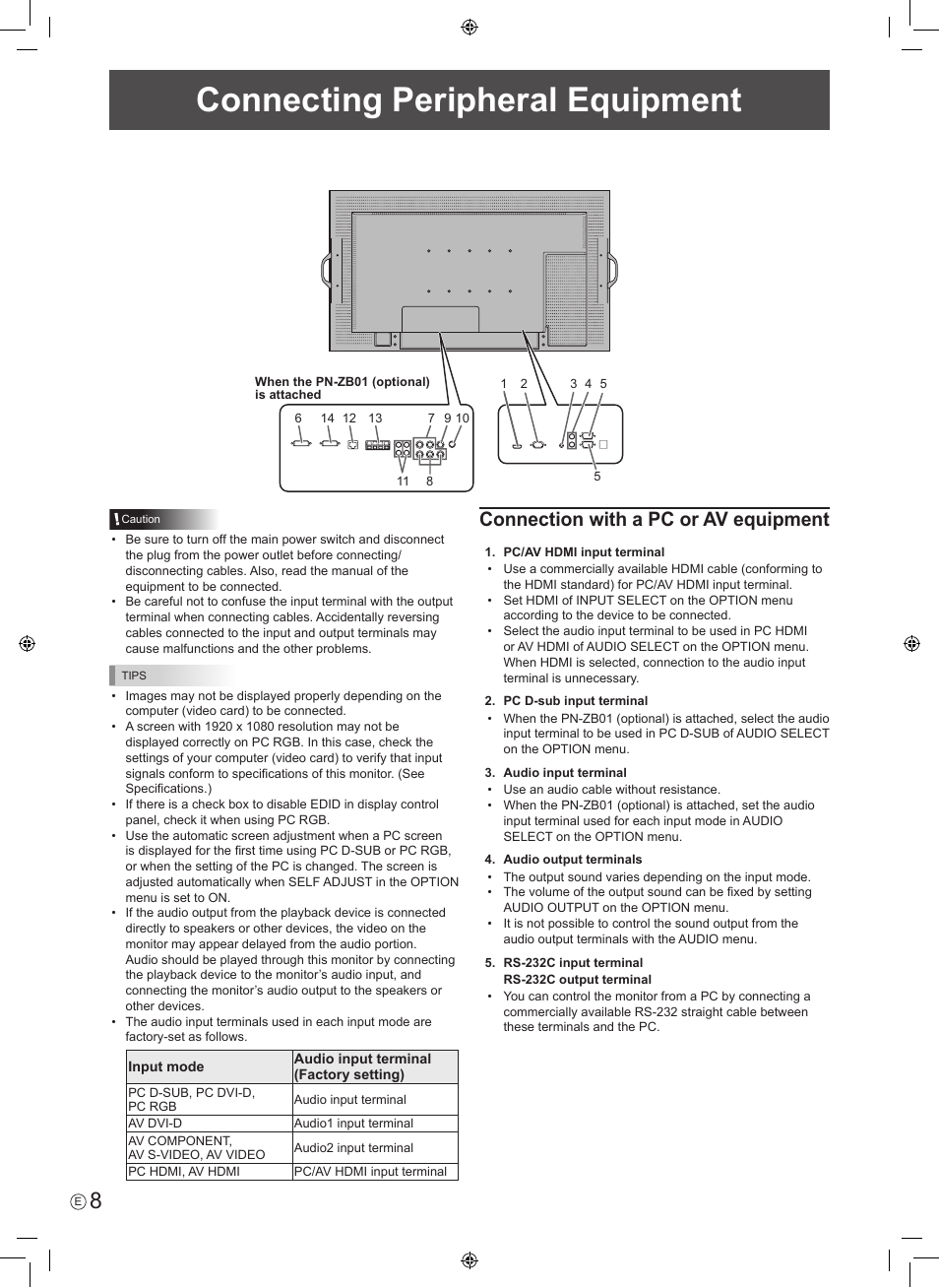 Connecting peripheral equipment, Connection with a pc or av equipment | Sharp PN-E601 User Manual | Page 10 / 64