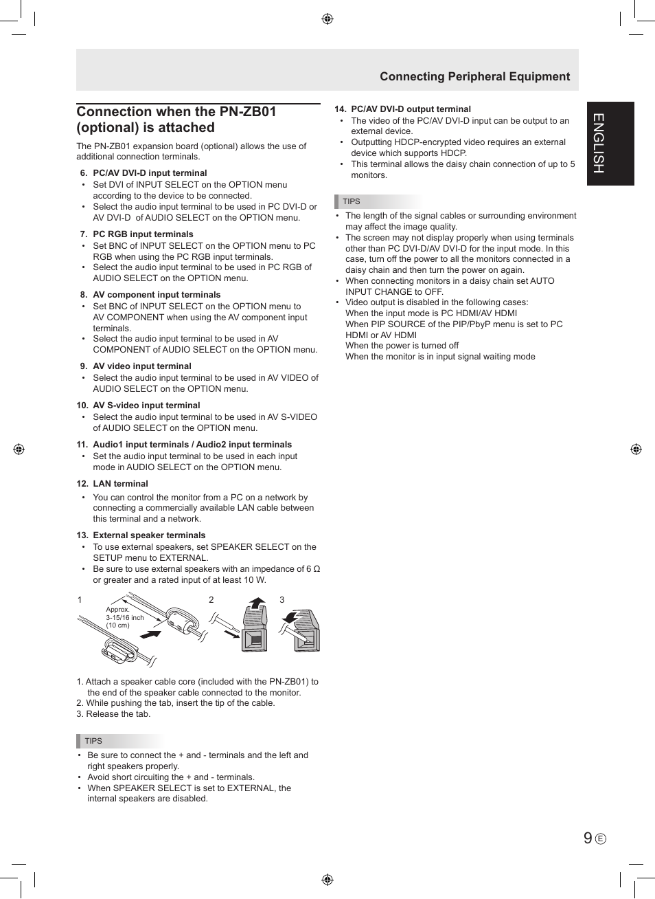 English, Connection when the pn-zb01 (optional) is attached, Connecting peripheral equipment | Sharp PN-E601 User Manual | Page 11 / 64