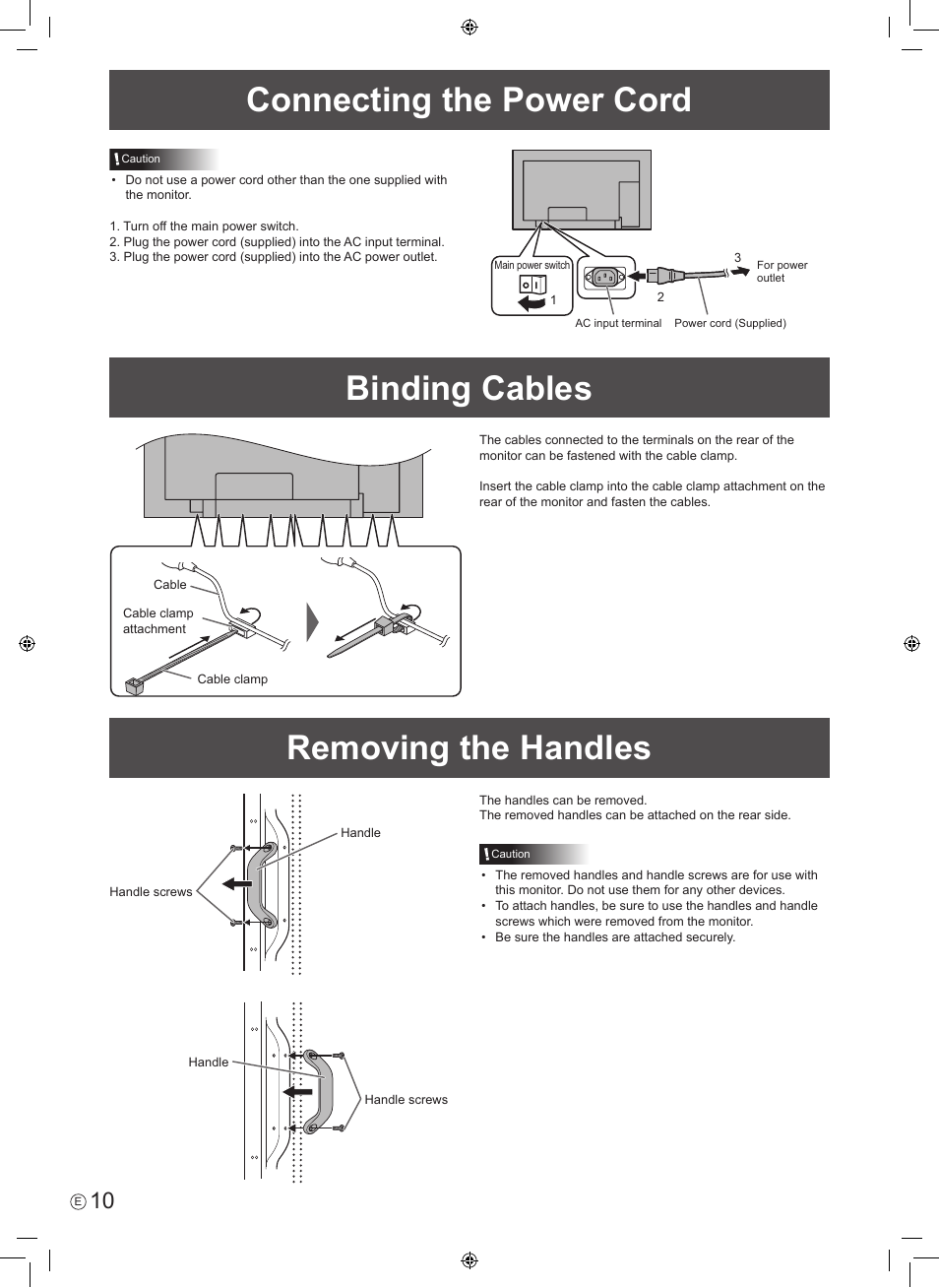 Connecting the power cord, Binding cables, Removing the handles | Sharp PN-E601 User Manual | Page 12 / 64