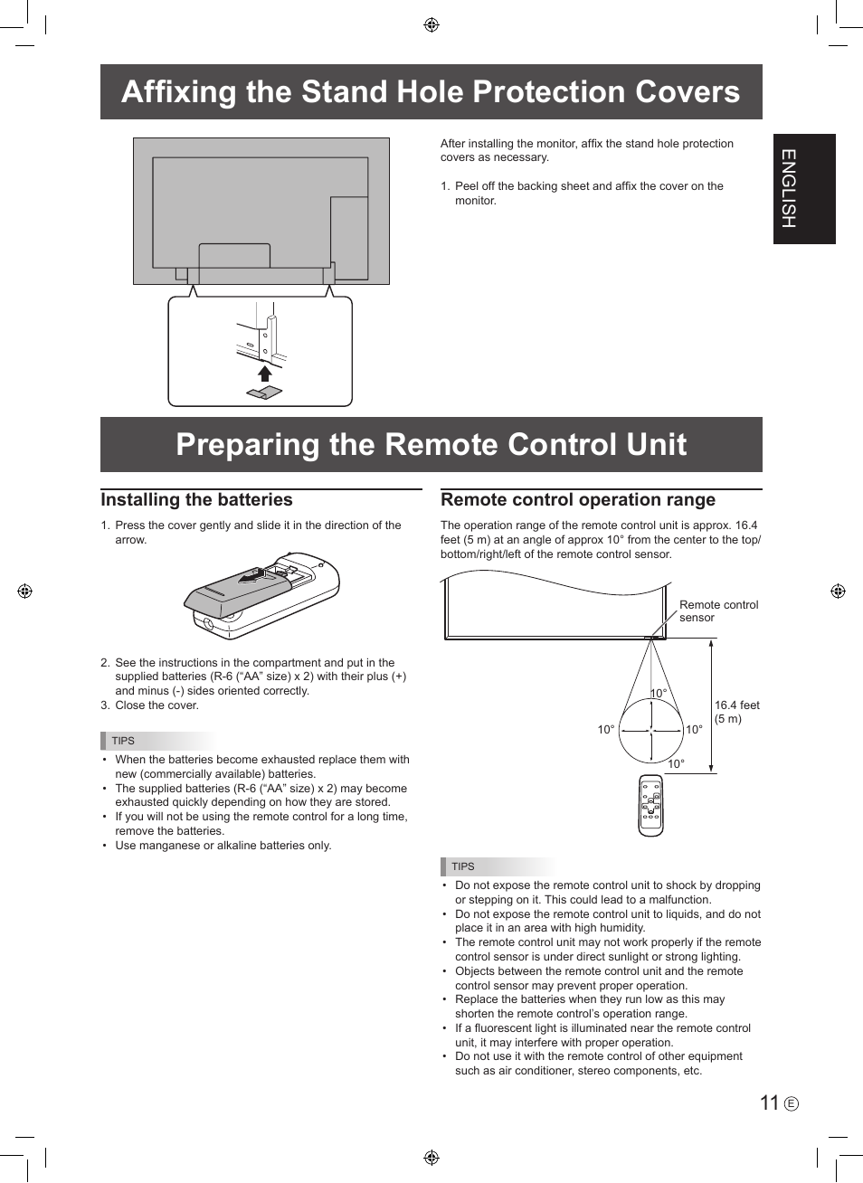 Preparing the remote control unit, Affixing the stand hole protection covers, English | Installing the batteries, Remote control operation range | Sharp PN-E601 User Manual | Page 13 / 64