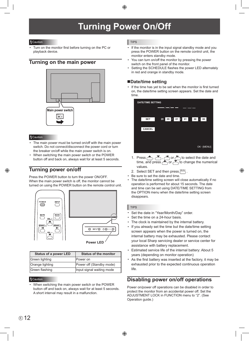 Turning power on/off, Turning on the main power, Disabling power on/off operations | Ndate/time setting | Sharp PN-E601 User Manual | Page 14 / 64