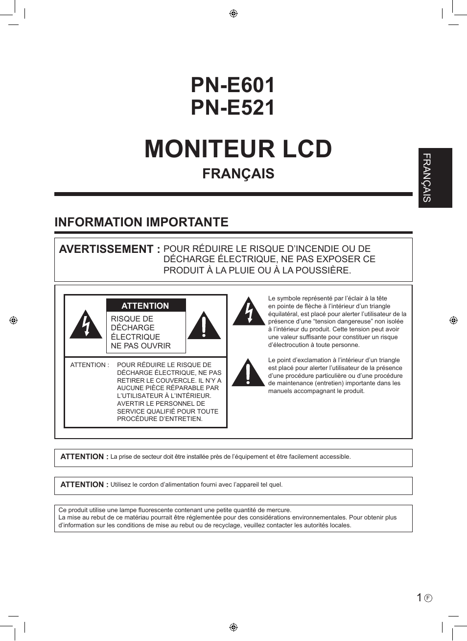 Moniteur lcd, Information importante, Avertissement | Français | Sharp PN-E601 User Manual | Page 15 / 64