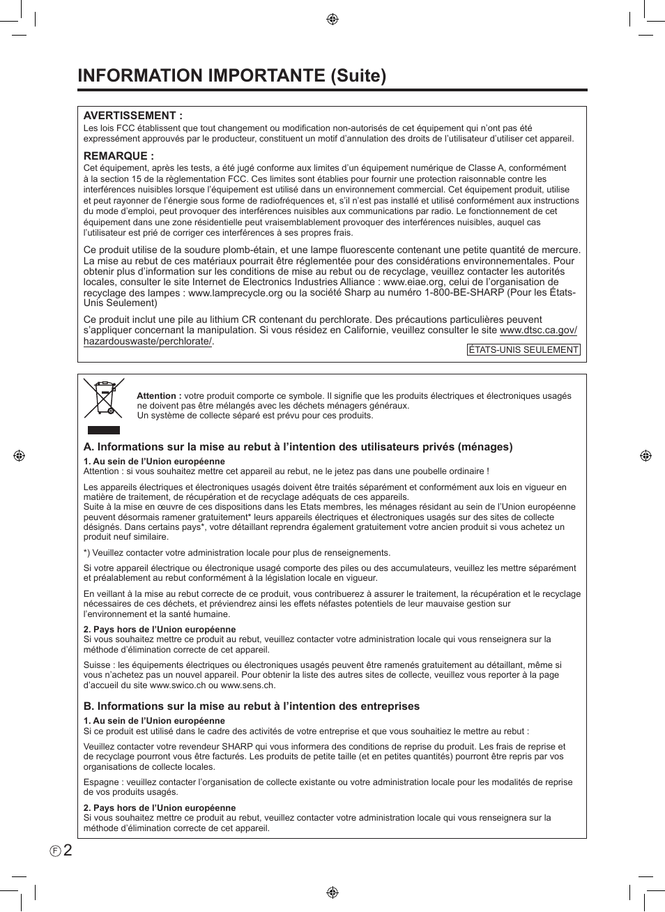 Information importante (suite) | Sharp PN-E601 User Manual | Page 16 / 64