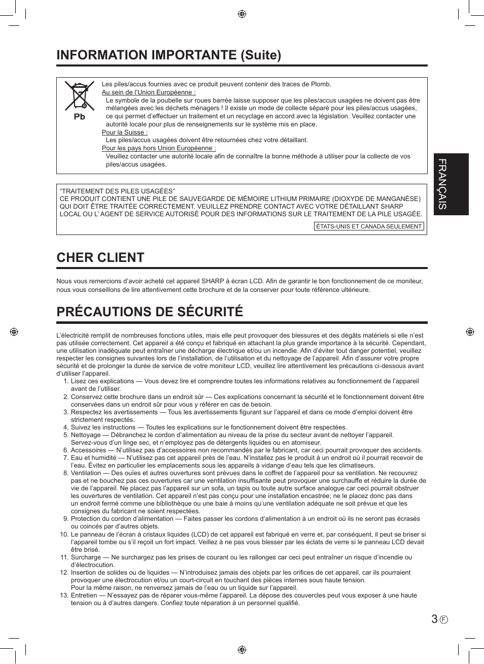 Cher client, Précautions de sécurité, Information importante (suite) | Français | Sharp PN-E601 User Manual | Page 17 / 64