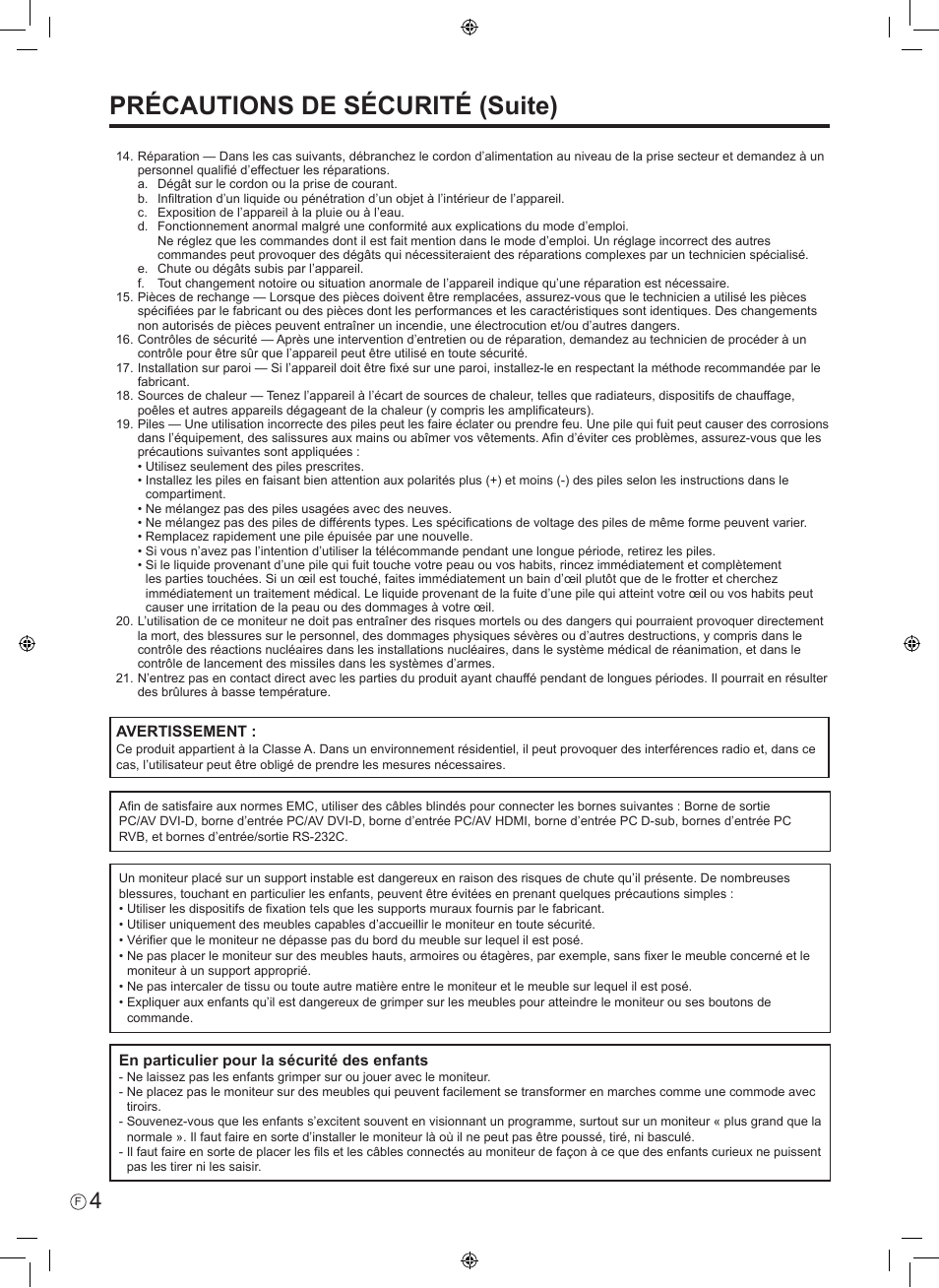 Précautions de sécurité (suite) | Sharp PN-E601 User Manual | Page 18 / 64