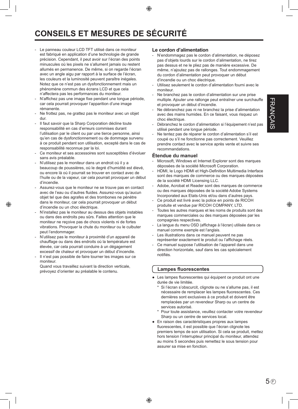 Conseils et mesures de sécurité, Français | Sharp PN-E601 User Manual | Page 19 / 64