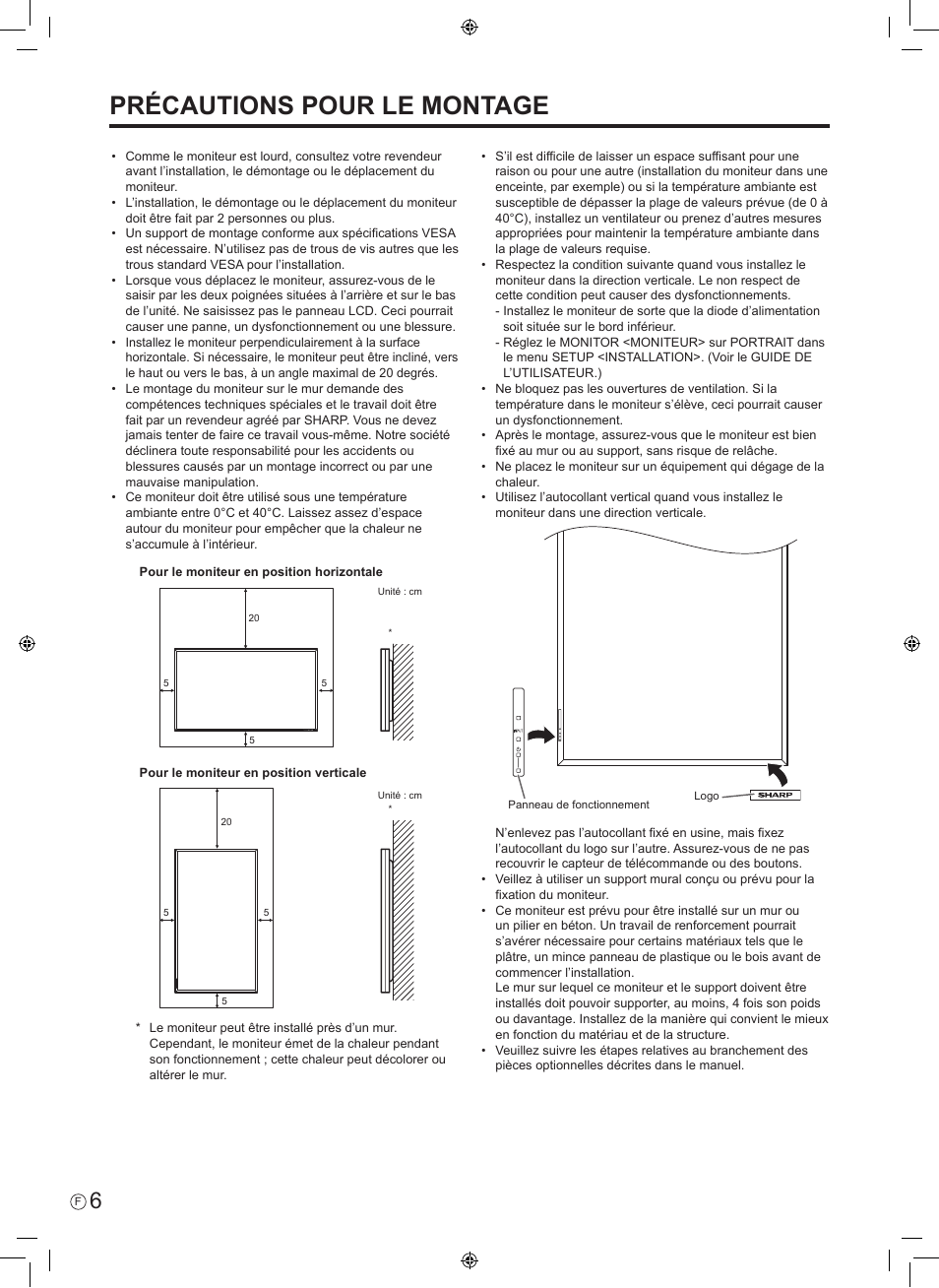 Précautions pour le montage | Sharp PN-E601 User Manual | Page 20 / 64