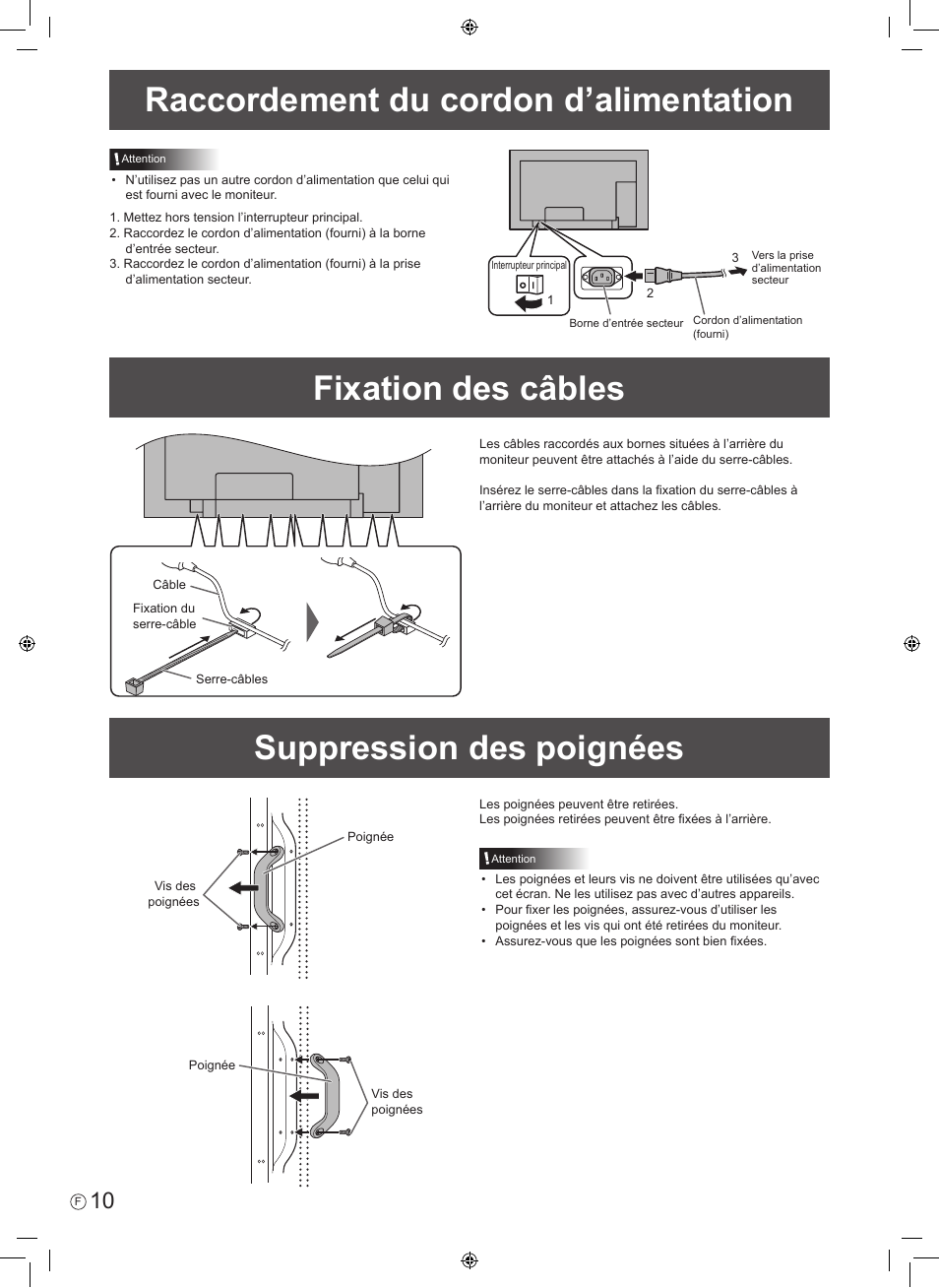 Raccordement du cordon d’alimentation, Fixation des câbles, Suppression des poignées | Sharp PN-E601 User Manual | Page 24 / 64