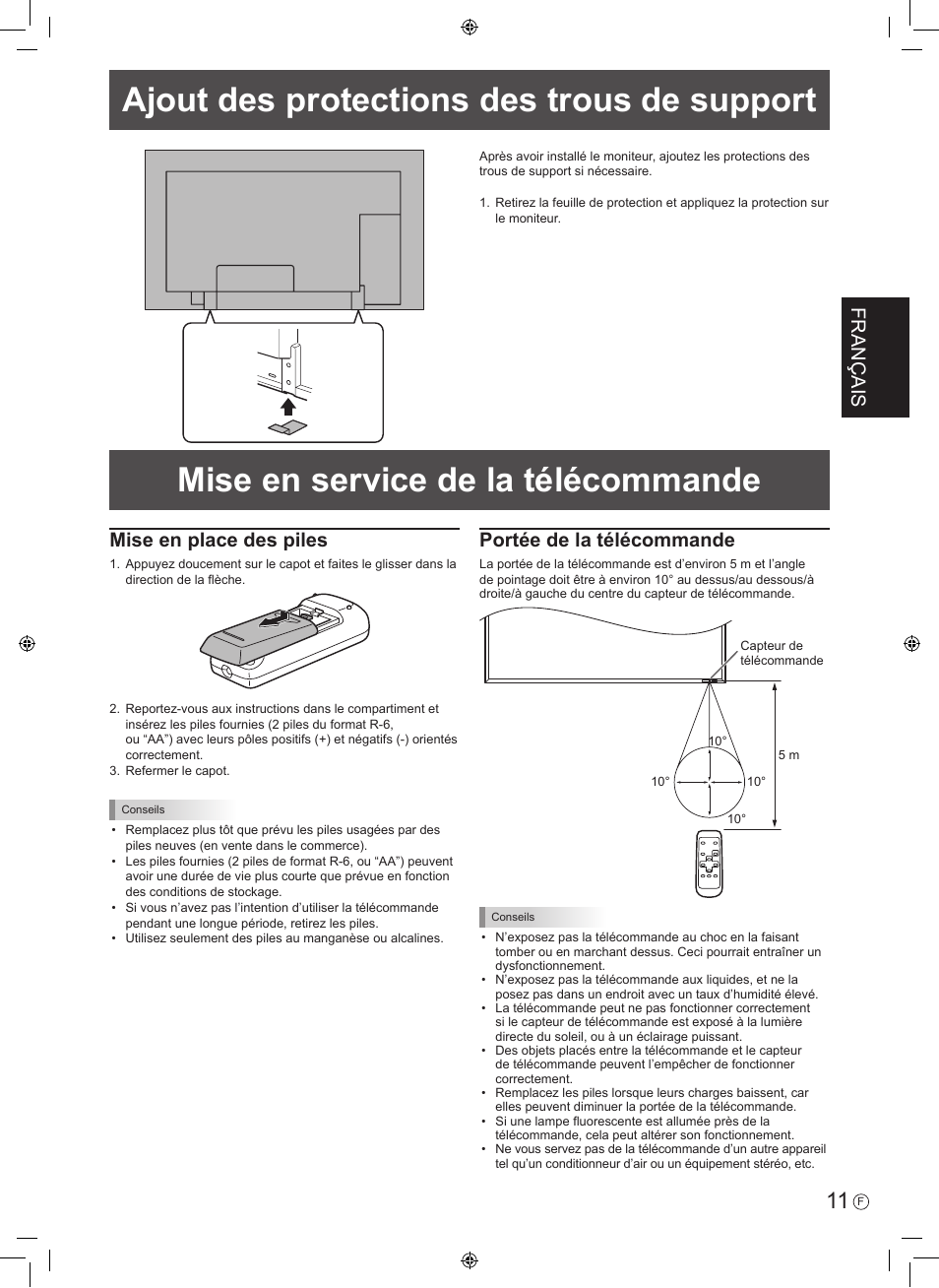 Ajout des protections des trous de support, Mise en service de la télécommande, Français | Mise en place des piles, Portée de la télécommande | Sharp PN-E601 User Manual | Page 25 / 64