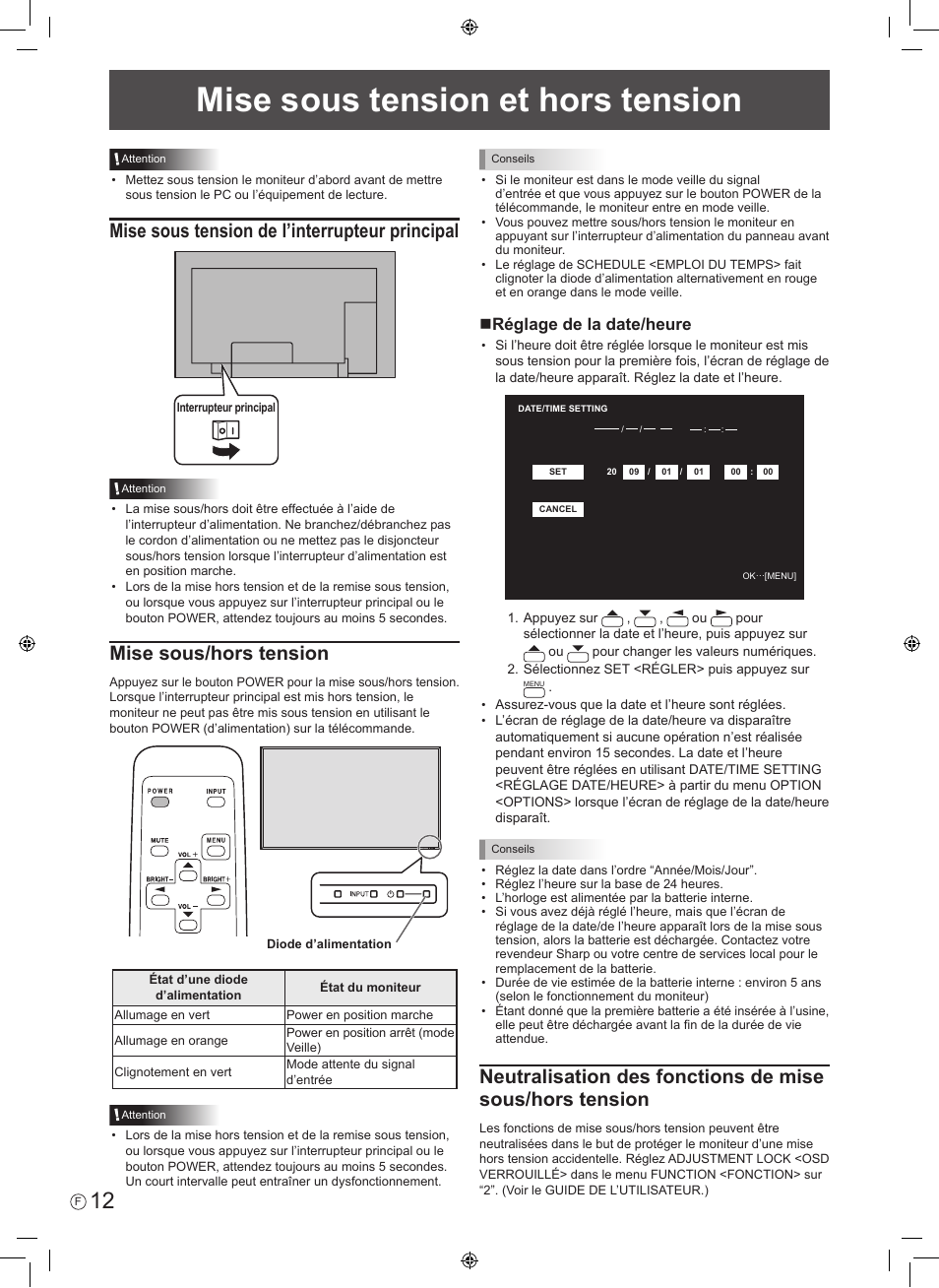 Mise sous tension et hors tension, Mise sous tension de l’interrupteur principal, Mise sous/hors tension | Nréglage de la date/heure | Sharp PN-E601 User Manual | Page 26 / 64