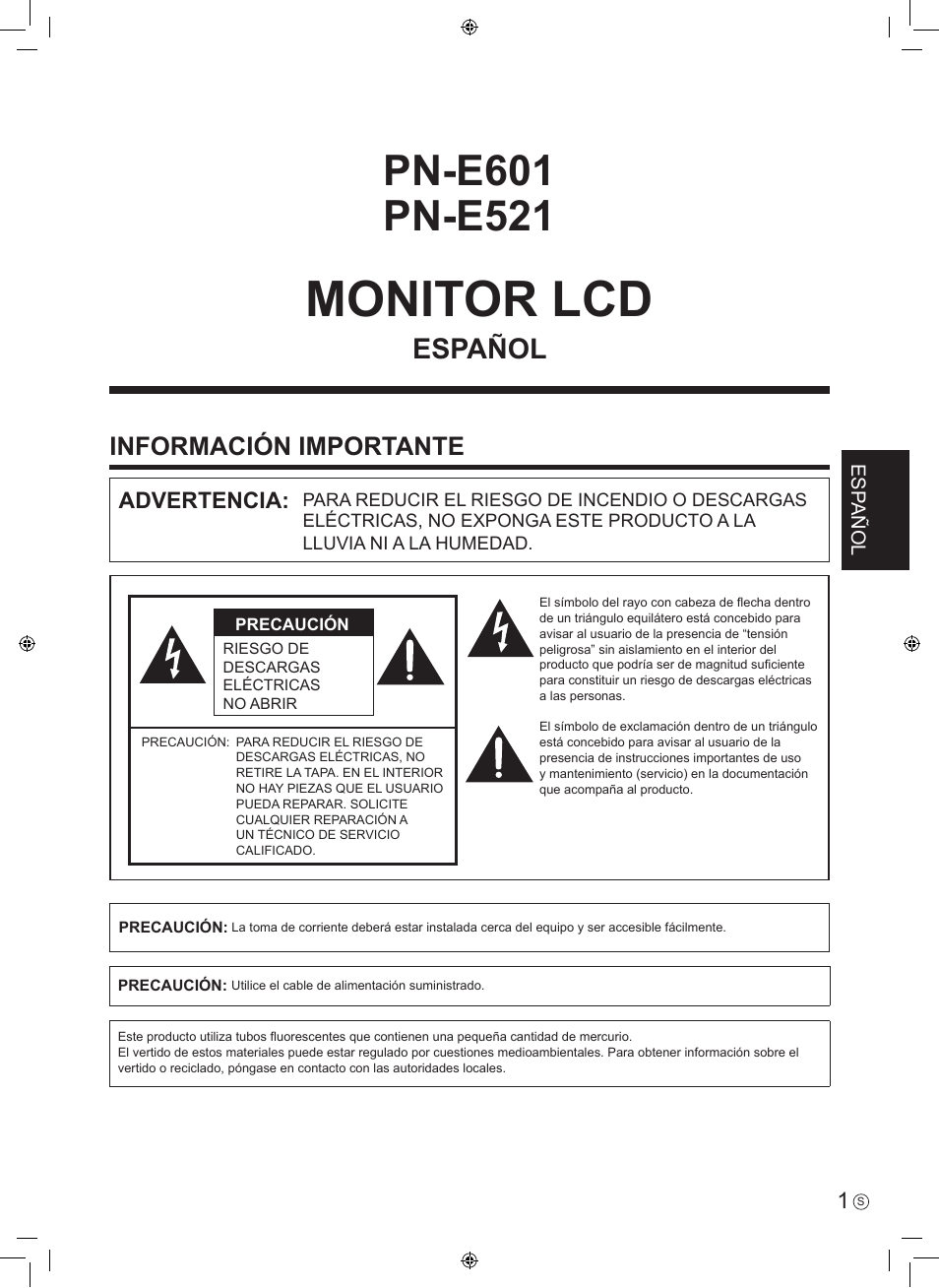 Monitor lcd, Español, Información importante | Advertencia, Esp añol | Sharp PN-E601 User Manual | Page 27 / 64