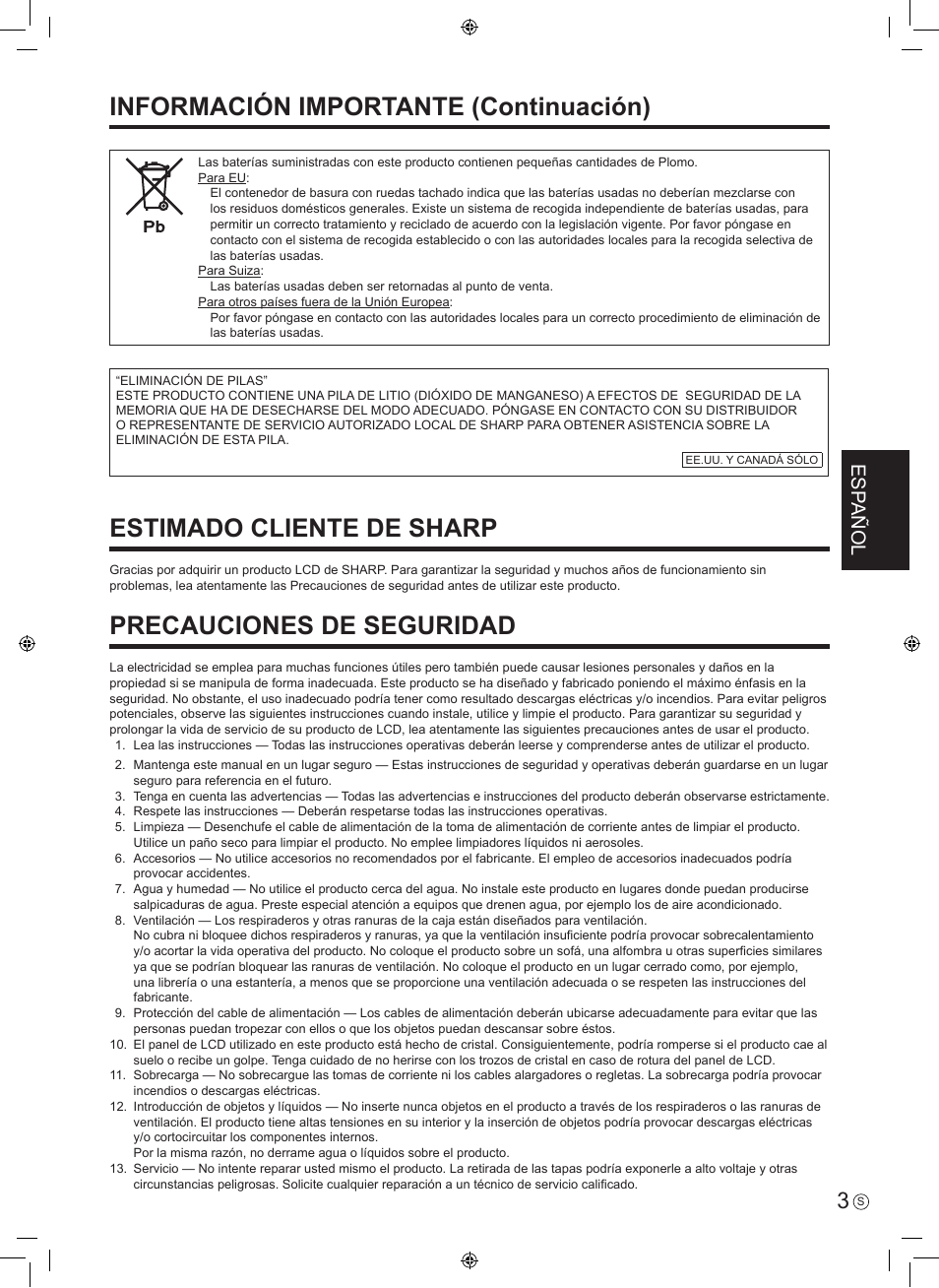 Estimado cliente de sharp, Precauciones de seguridad, Información importante (continuación) | Esp añol | Sharp PN-E601 User Manual | Page 29 / 64