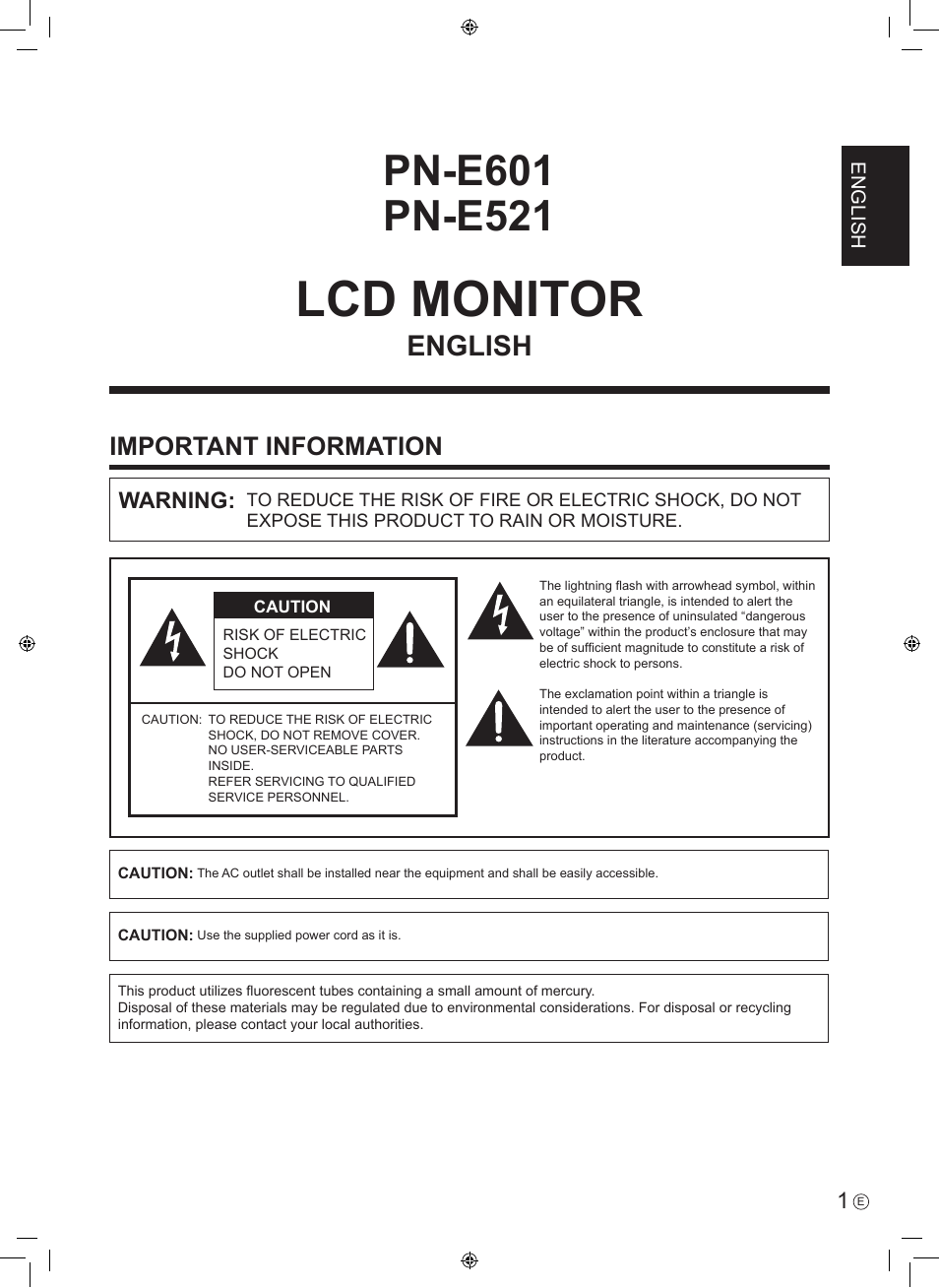 Lcd monitor, English, Important information | Warning | Sharp PN-E601 User Manual | Page 3 / 64