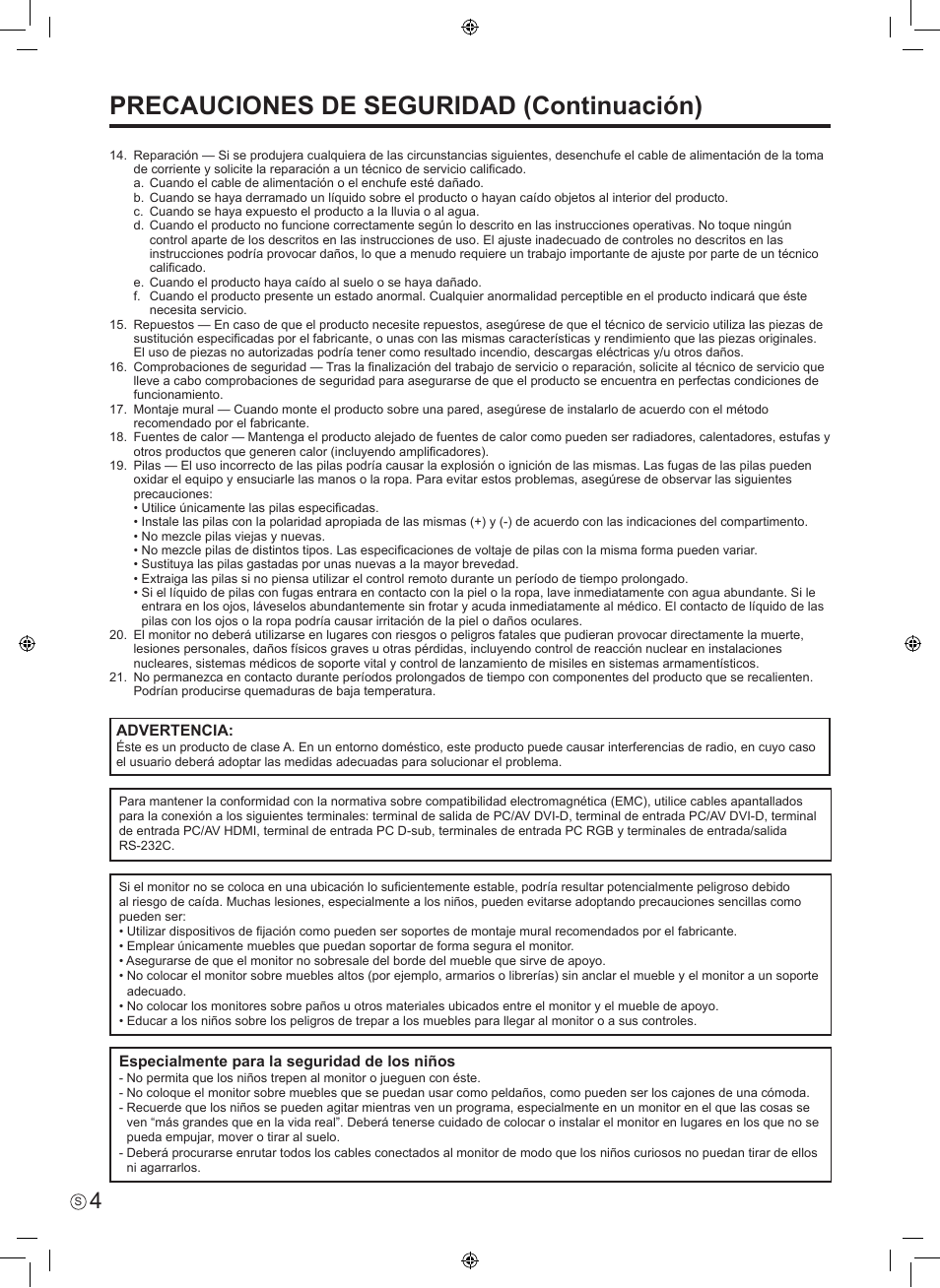 Precauciones de seguridad (continuación) | Sharp PN-E601 User Manual | Page 30 / 64