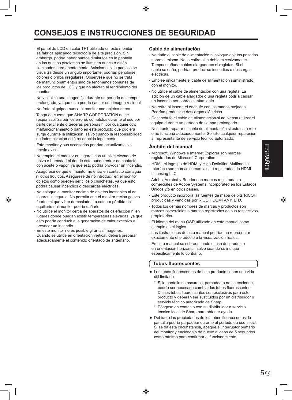 Consejos e instrucciones de seguridad, Esp añol | Sharp PN-E601 User Manual | Page 31 / 64