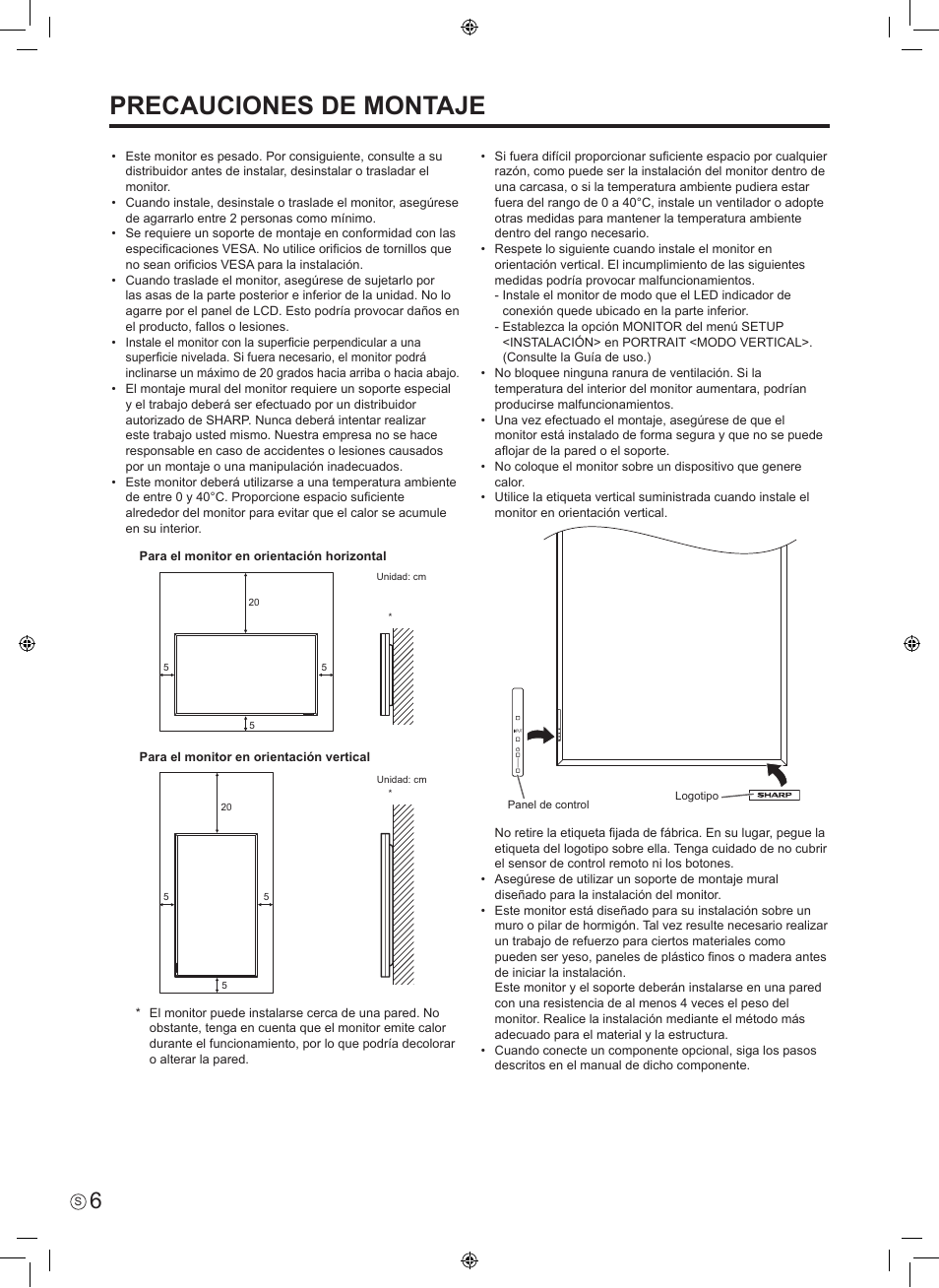 Precauciones de montaje | Sharp PN-E601 User Manual | Page 32 / 64