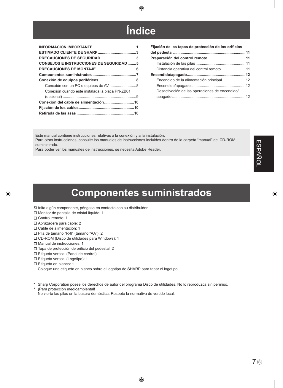 Índice, Componentes suministrados, Esp añol | Sharp PN-E601 User Manual | Page 33 / 64