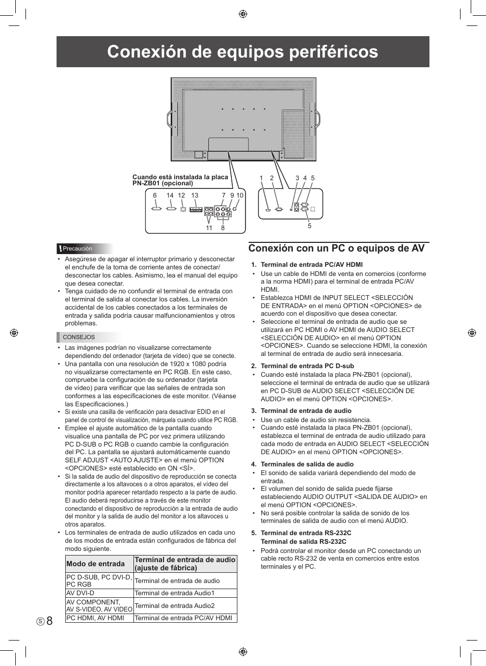 Conexión de equipos periféricos, Conexión con un pc o equipos de av | Sharp PN-E601 User Manual | Page 34 / 64