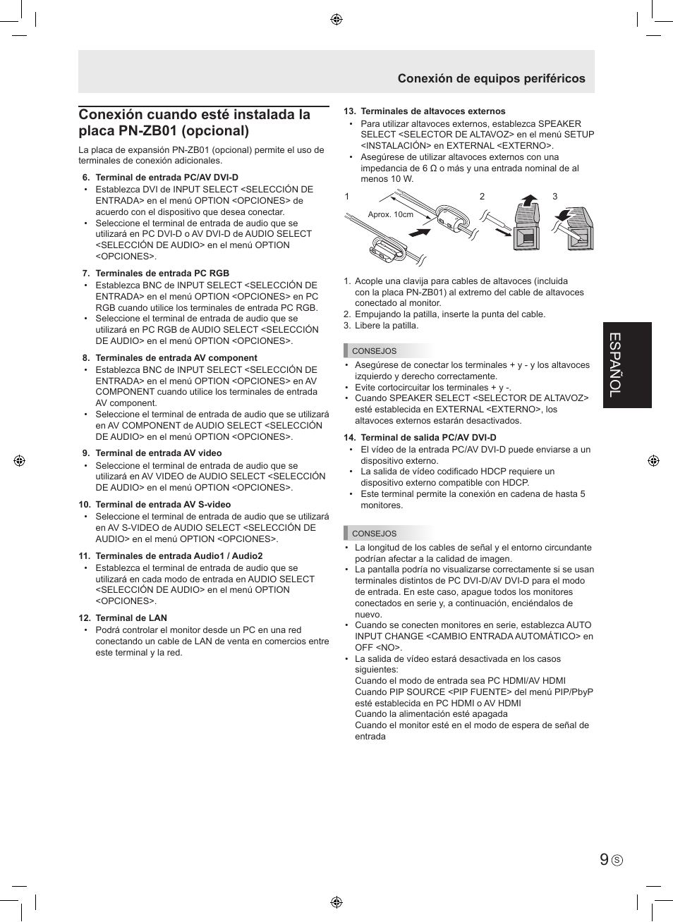 Esp añol, Conexión de equipos periféricos | Sharp PN-E601 User Manual | Page 35 / 64