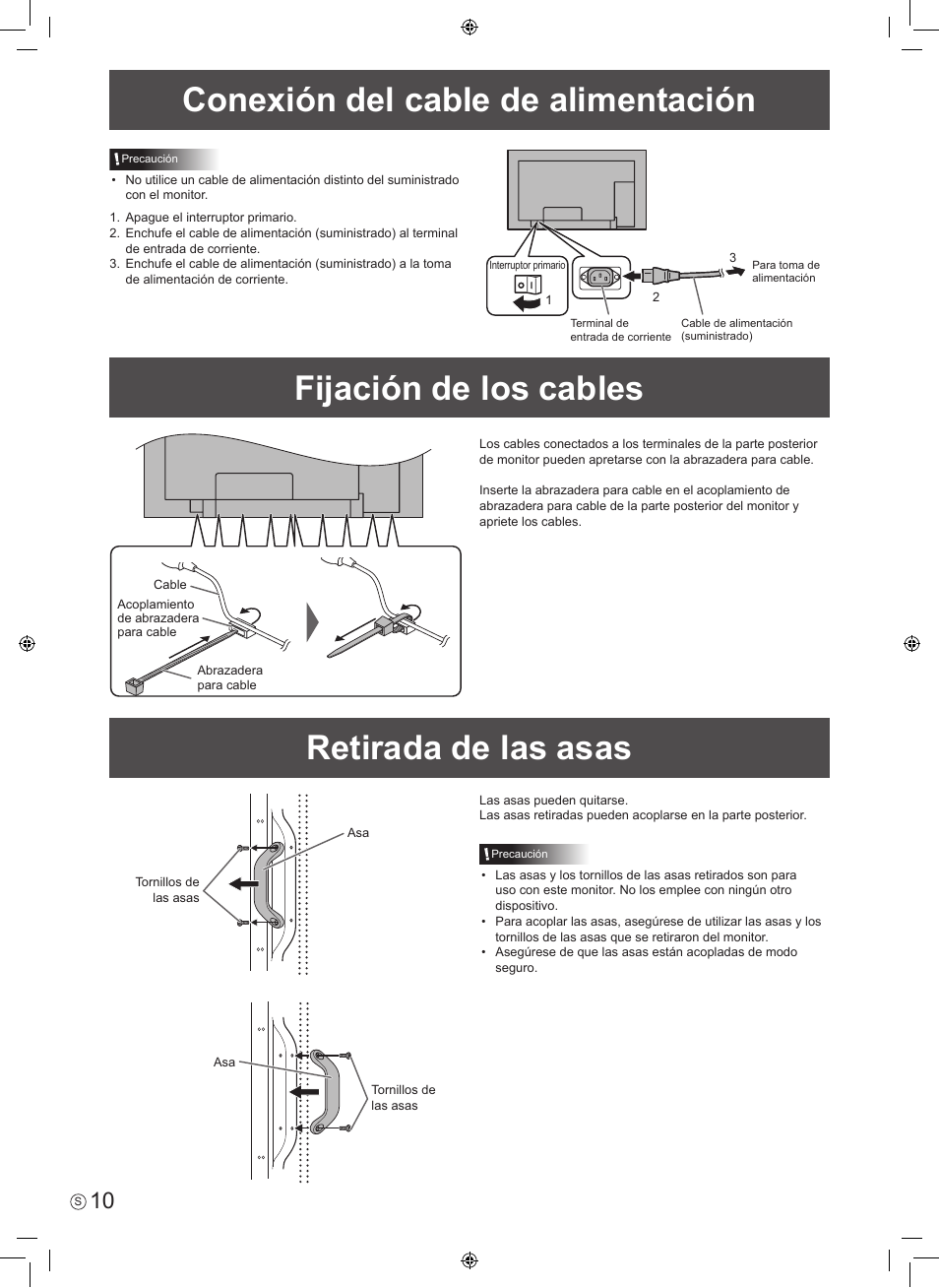 Conexión del cable de alimentación, Fijación de los cables, Retirada de las asas | Sharp PN-E601 User Manual | Page 36 / 64