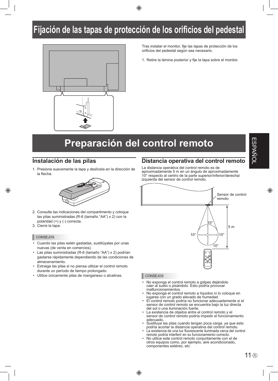 Esp añol instalación de las pilas, Distancia operativa del control remoto | Sharp PN-E601 User Manual | Page 37 / 64