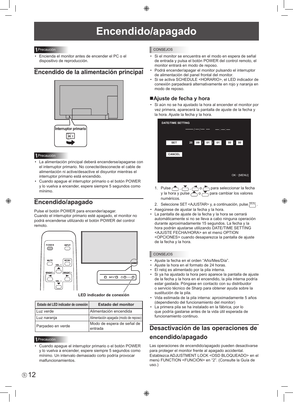 Encendido/apagado, Encendido de la alimentación principal, Najuste de fecha y hora | Sharp PN-E601 User Manual | Page 38 / 64