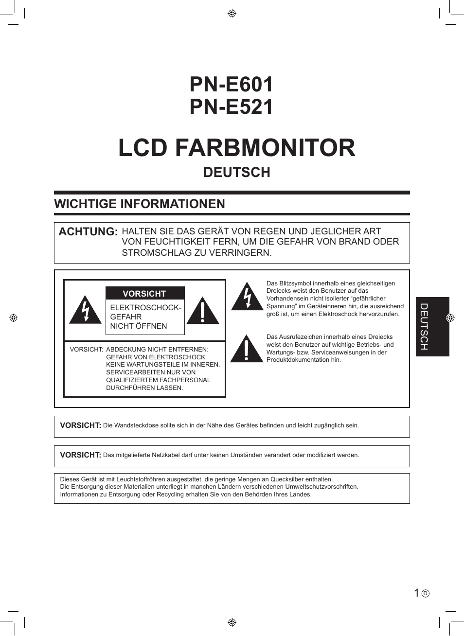 Lcd farbmonitor, Deutsch, Wichtige informationen | Achtung | Sharp PN-E601 User Manual | Page 39 / 64