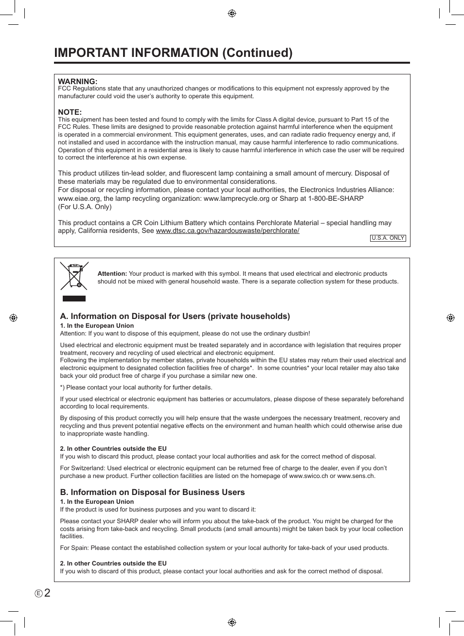 Important information (continued), B. information on disposal for business users | Sharp PN-E601 User Manual | Page 4 / 64