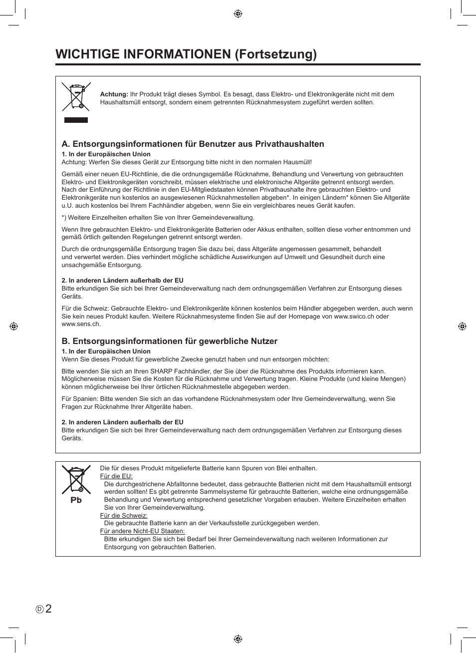 Wichtige informationen (fortsetzung), B. entsorgungsinformationen für gewerbliche nutzer | Sharp PN-E601 User Manual | Page 40 / 64