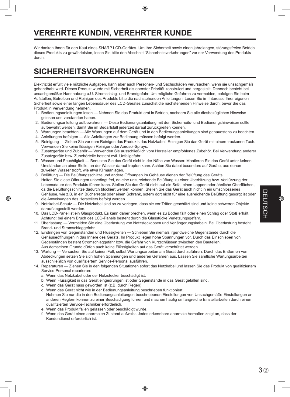 Sicherheitsvorkehrungen, Verehrte kundin, verehrter kunde, Deutsch | Sharp PN-E601 User Manual | Page 41 / 64