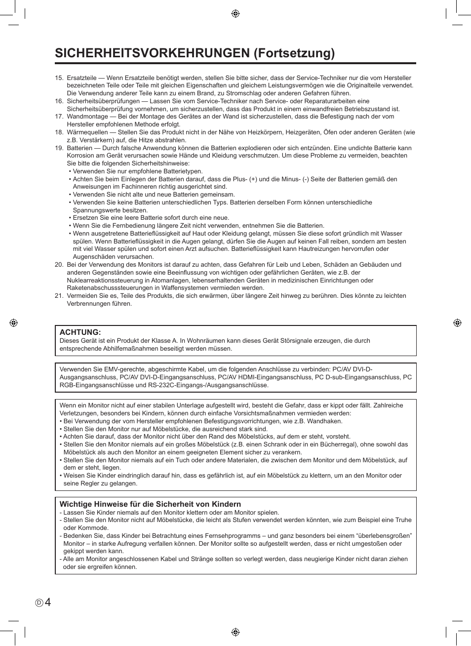 Sicherheitsvorkehrungen (fortsetzung) | Sharp PN-E601 User Manual | Page 42 / 64