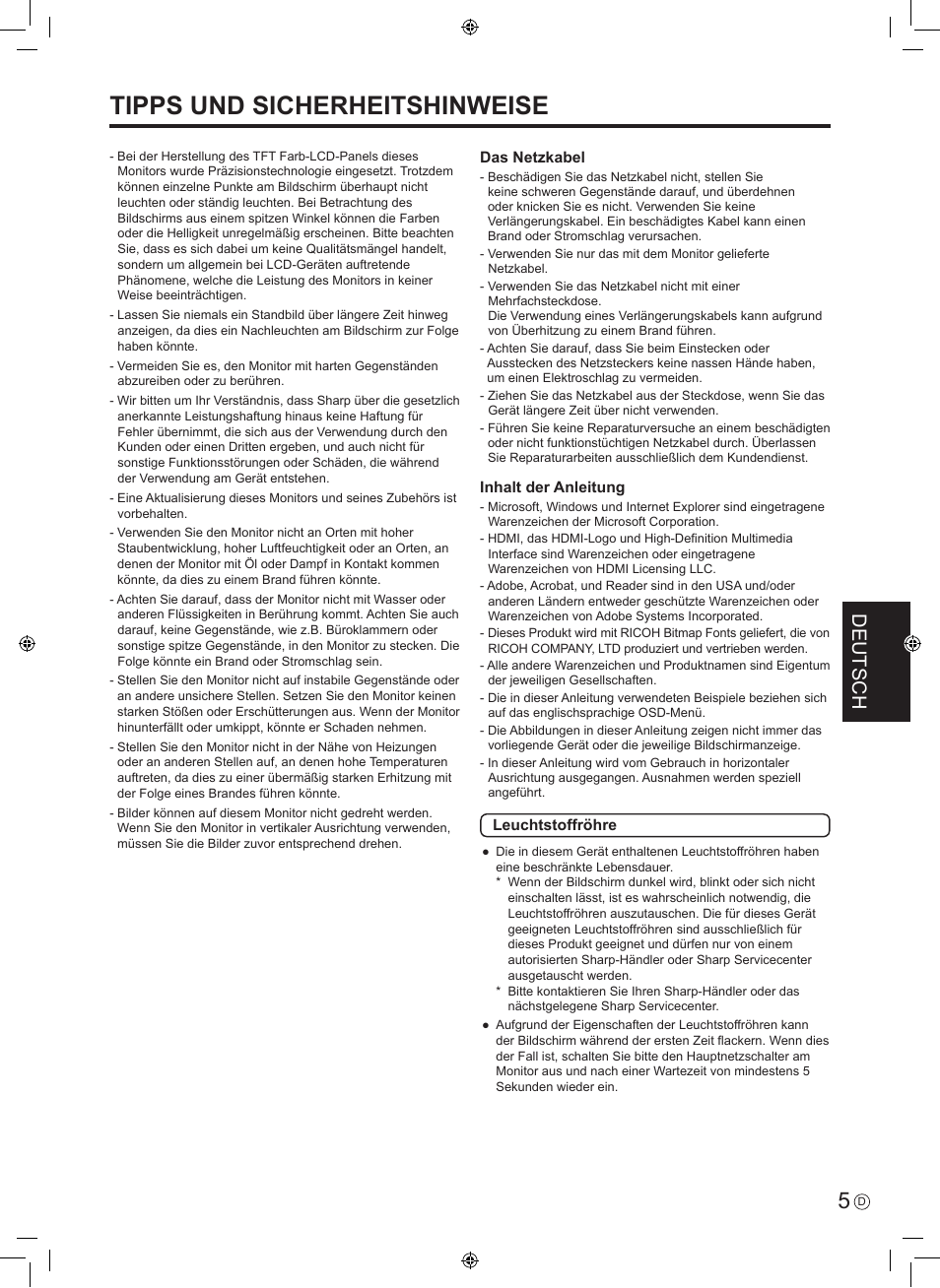 Tipps und sicherheitshinweise, Deutsch | Sharp PN-E601 User Manual | Page 43 / 64